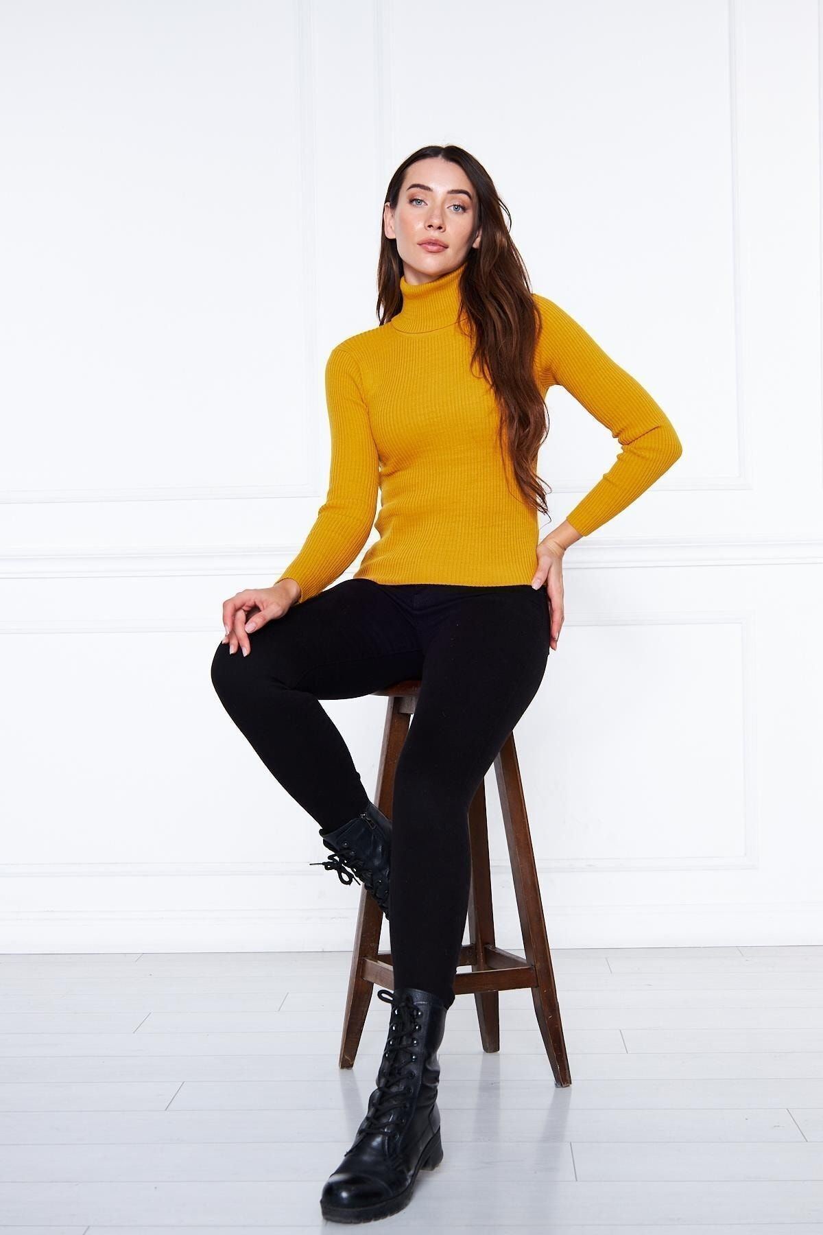 Kadın Günlük Balıkçı Yaka Boğazlı Sarı Fitilli Kazak