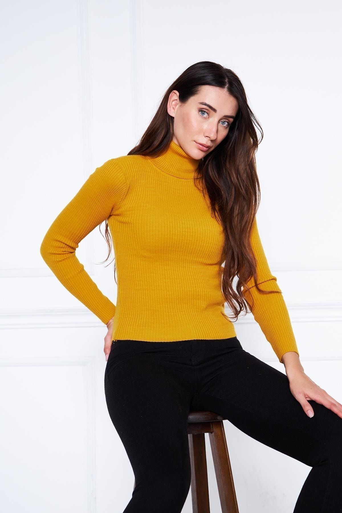 Kadın Günlük Balıkçı Yaka Boğazlı Sarı Fitilli Kazak