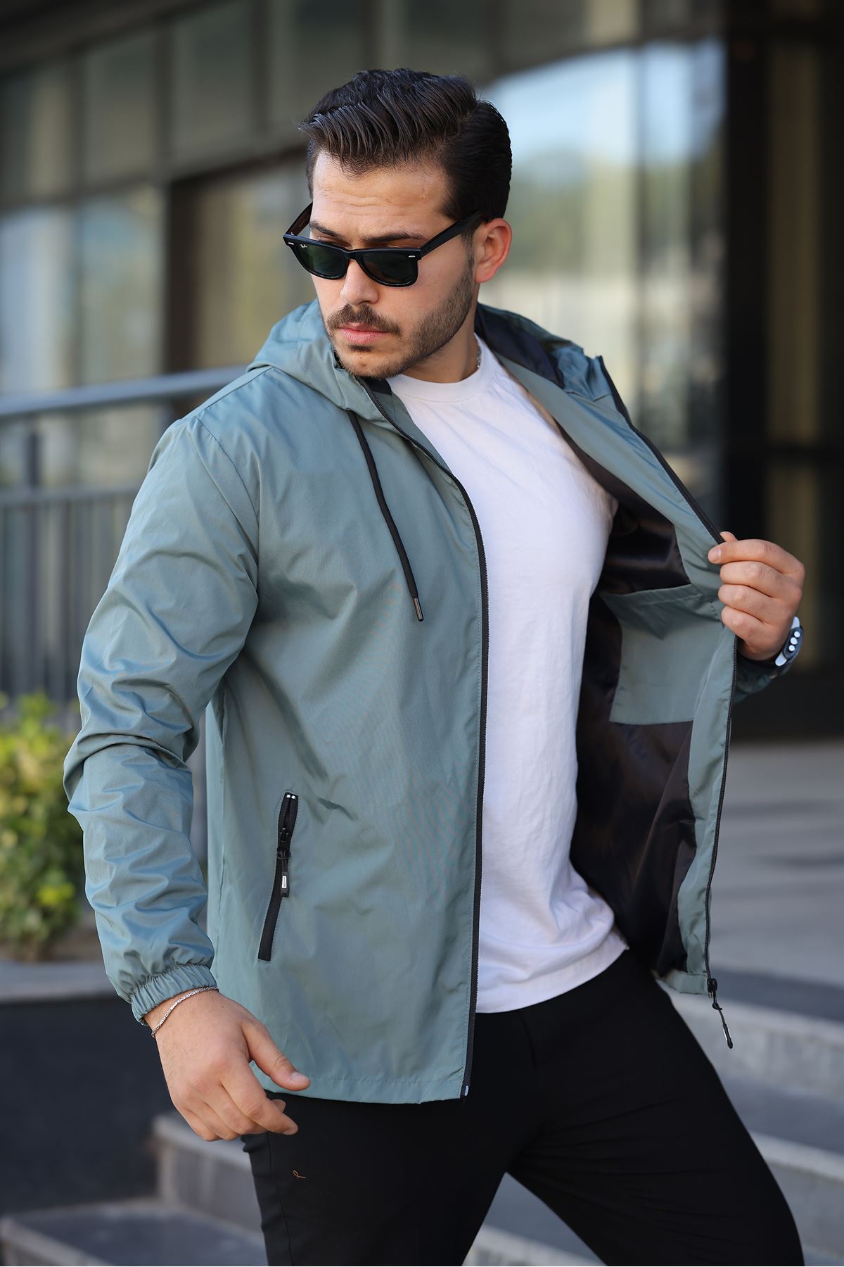 Erkek İçi Astarlı Suya Dayanıklı Kapüşonlu Cepli Yağmurluk