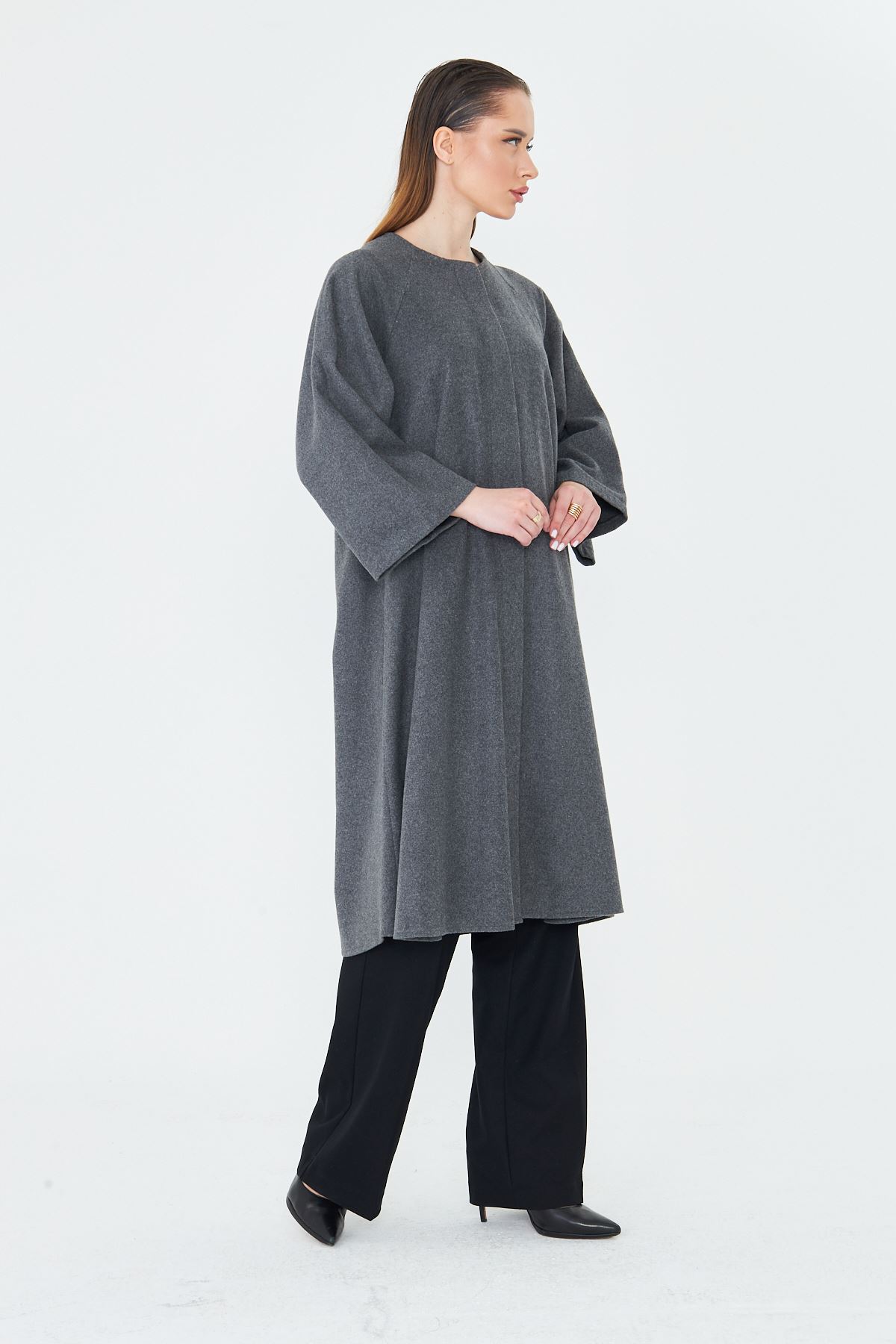 Kadın Trend Oversize Uzun Kol Şık Füme Kaşe Panço