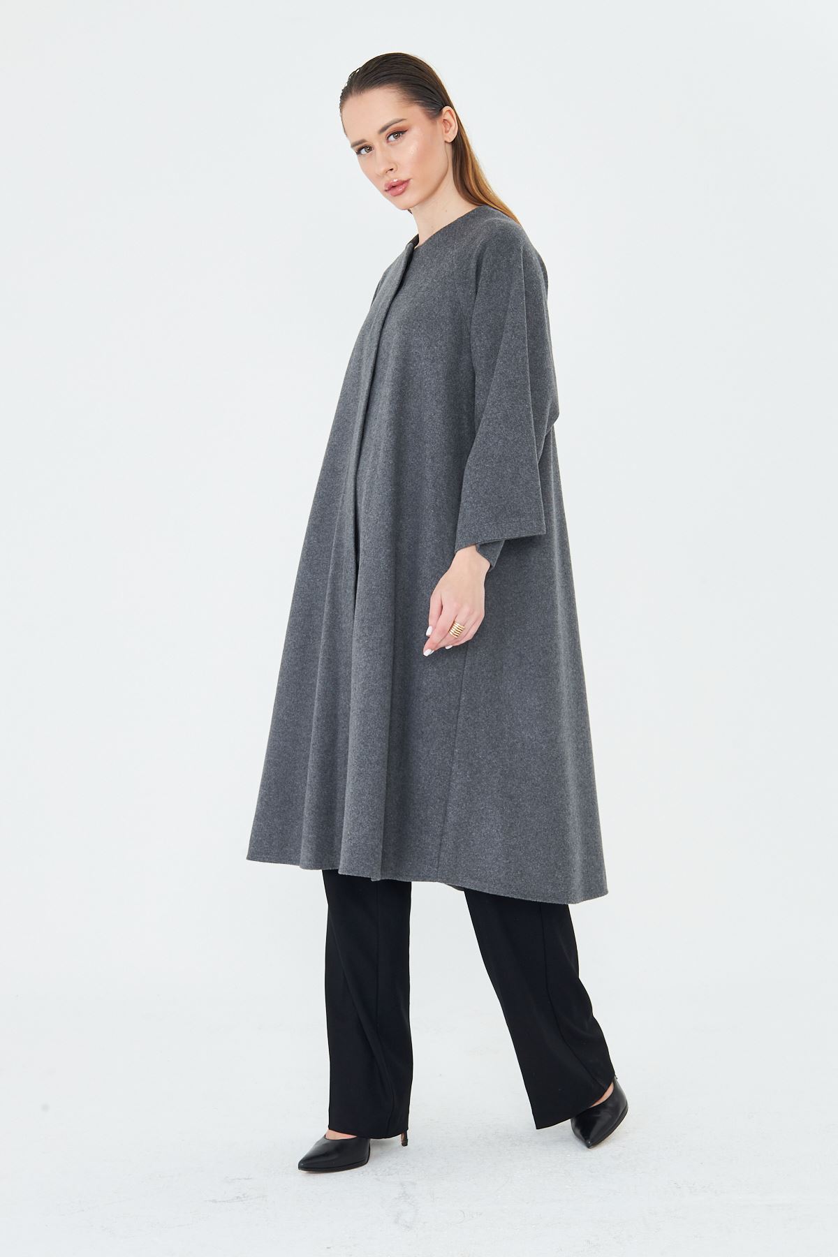 Kadın Trend Oversize Uzun Kol Şık Füme Kaşe Panço