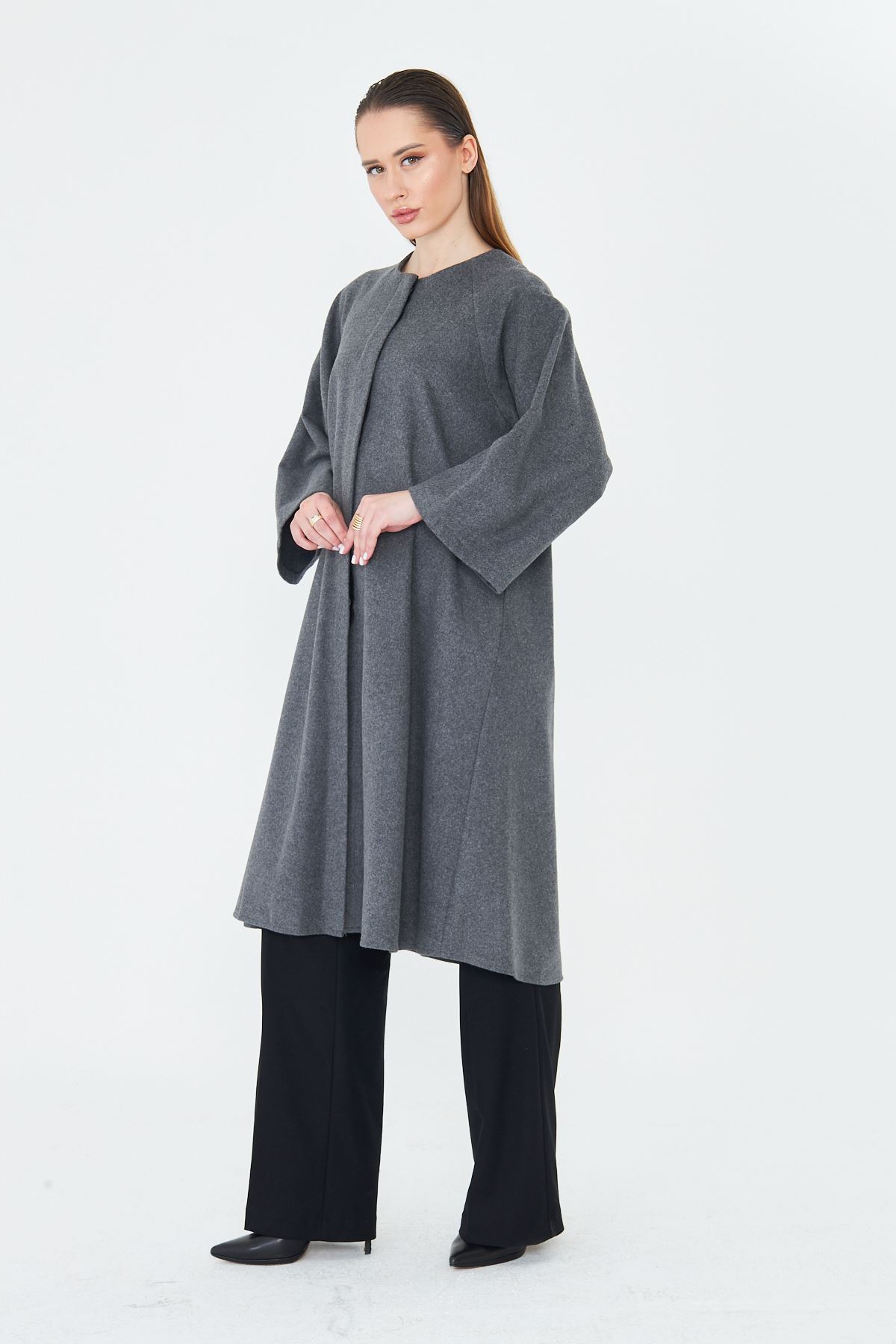 Kadın Trend Oversize Uzun Kol Şık Füme Kaşe Panço