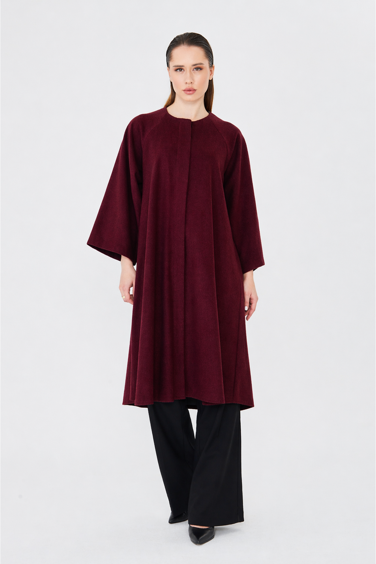Kadın Trend Oversize Uzun Kol Şık Bordo Kaşe Panço
