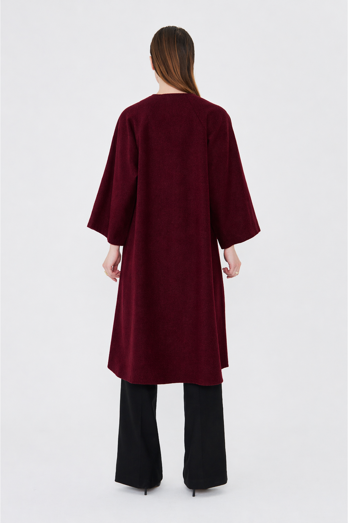 Kadın Trend Oversize Uzun Kol Şık Bordo Kaşe Panço