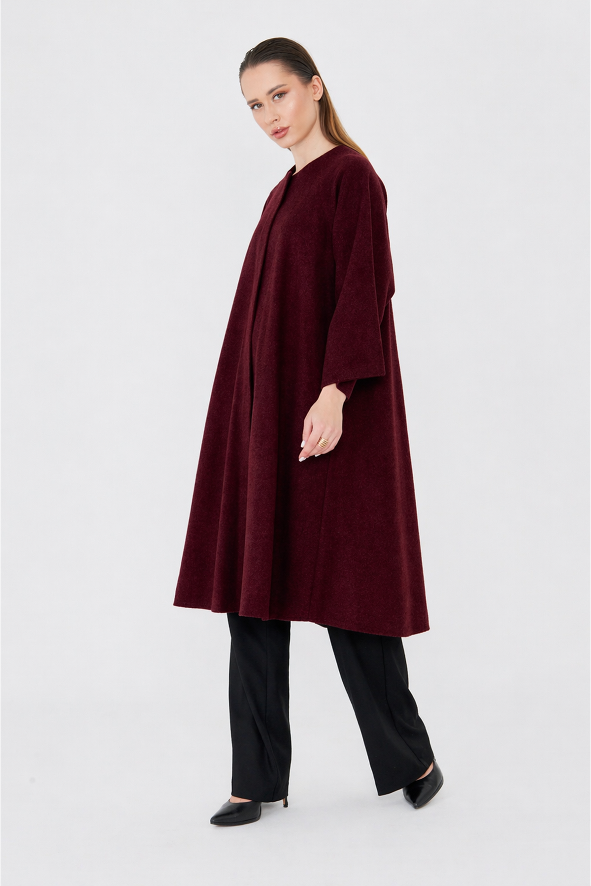 Kadın Trend Oversize Uzun Kol Şık Bordo Kaşe Panço