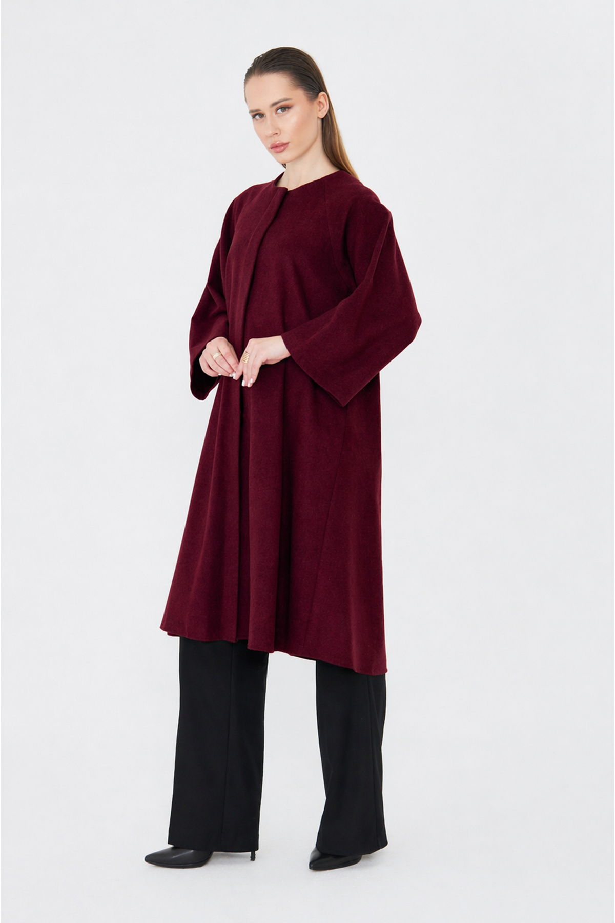 Kadın Trend Oversize Uzun Kol Şık Bordo Kaşe Panço