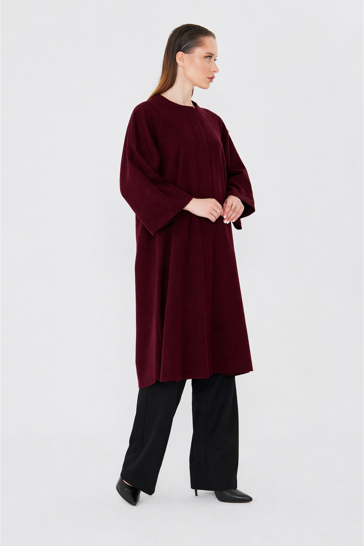 Kadın Trend Oversize Uzun Kol Şık Bordo Kaşe Panço