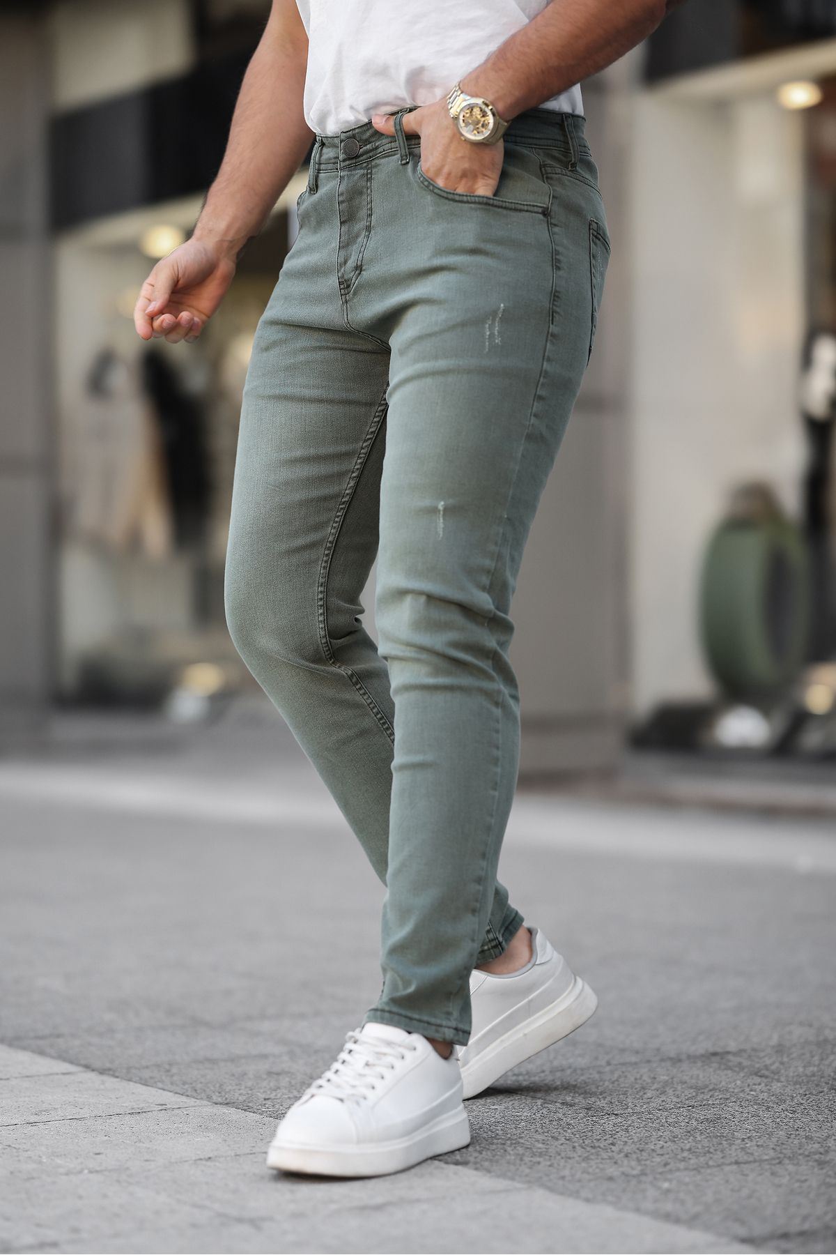 Erkek Jeans Slim Fit Likralı Denim Yeşil Kot Pantolon