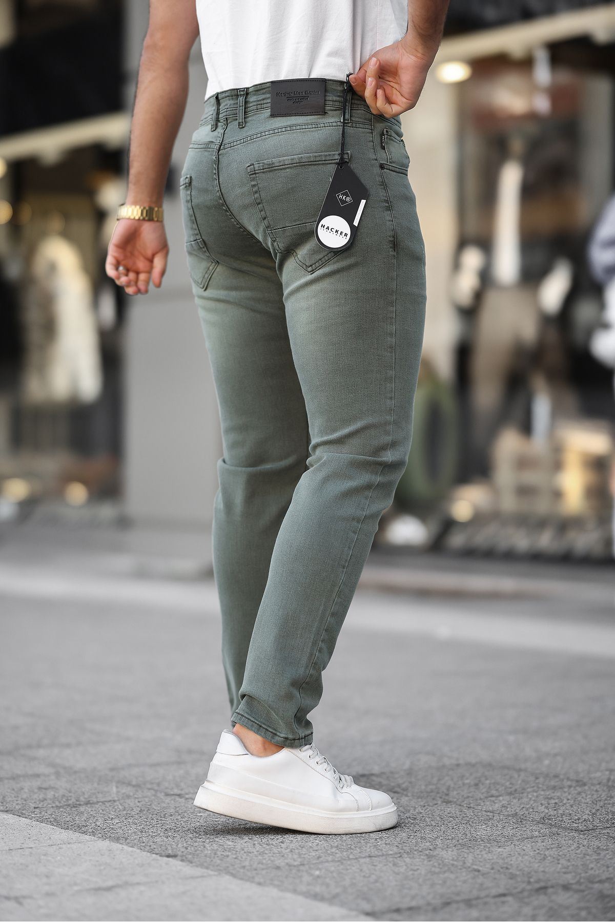 Erkek Jeans Slim Fit Likralı Denim Yeşil Kot Pantolon