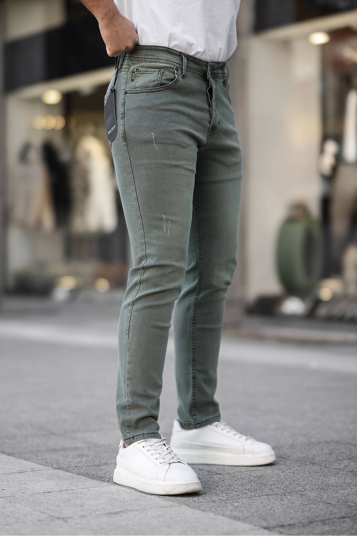 Erkek Jeans Slim Fit Likralı Denim Yeşil Kot Pantolon