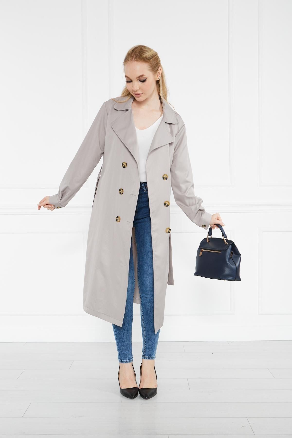 Astarsız Cepli Düğmeli Kuşaklı Yazlık Trenç