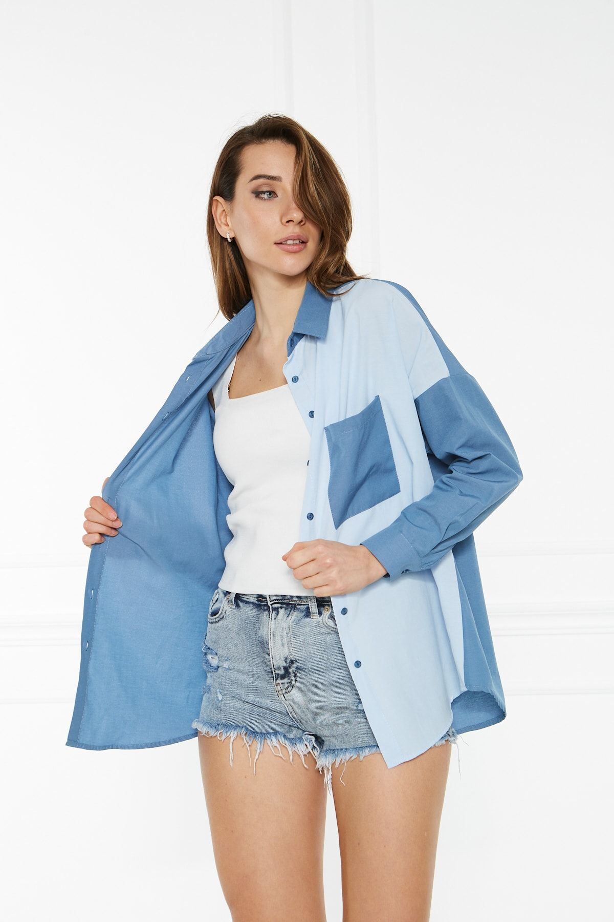 Kadın Blok Renkli Oversize Çift Renk Poplin Gömlek