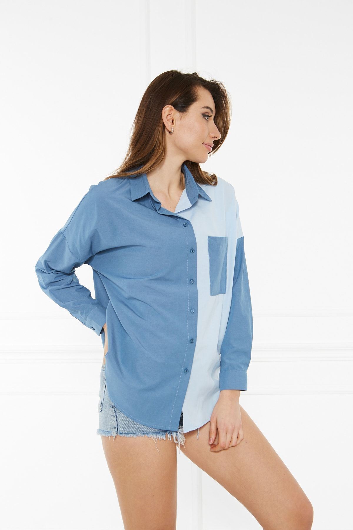 Kadın Blok Renkli Oversize Çift Renk Poplin Gömlek