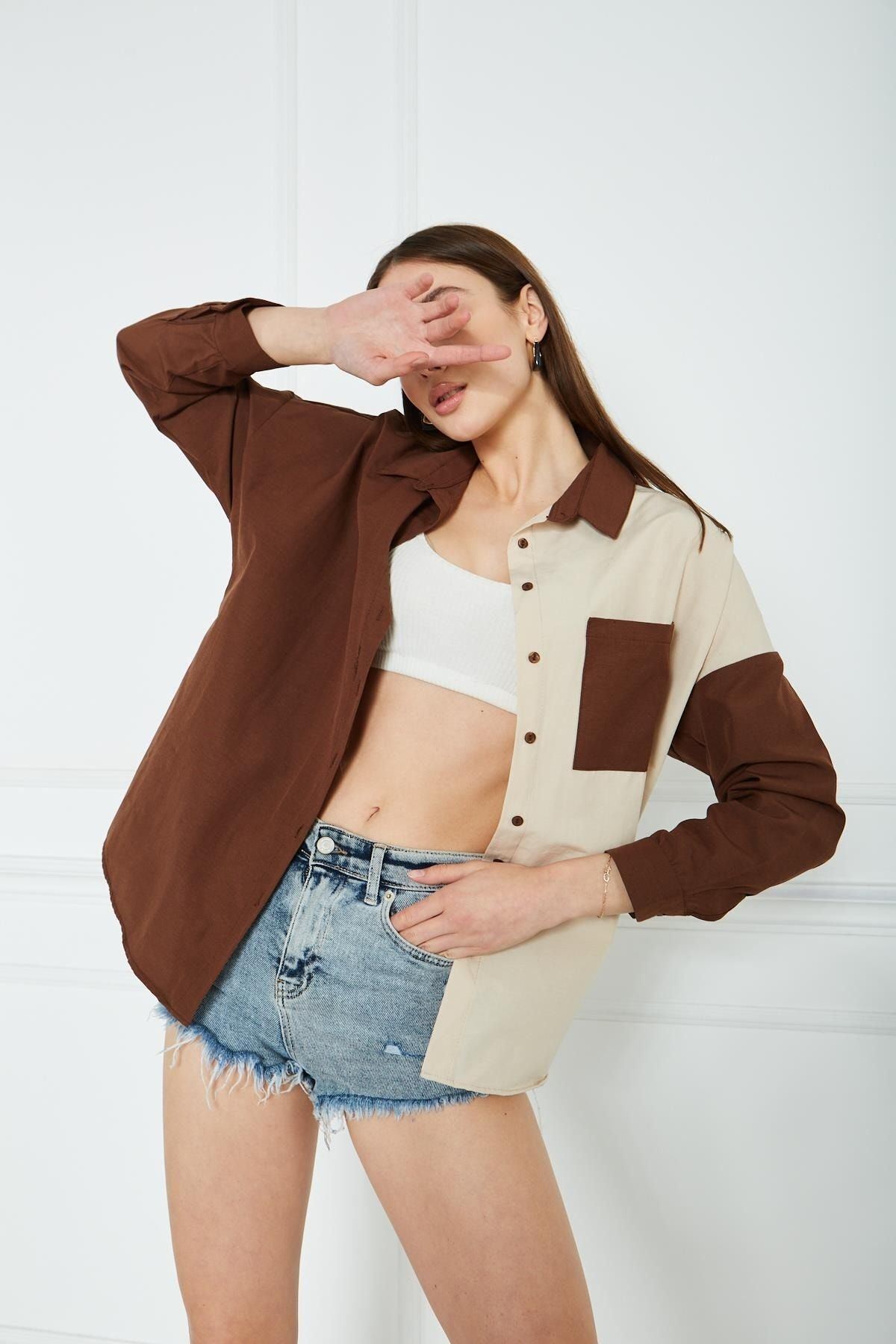 Kadın Blok Renkli Oversize Çift Renk Poplin Gömlek