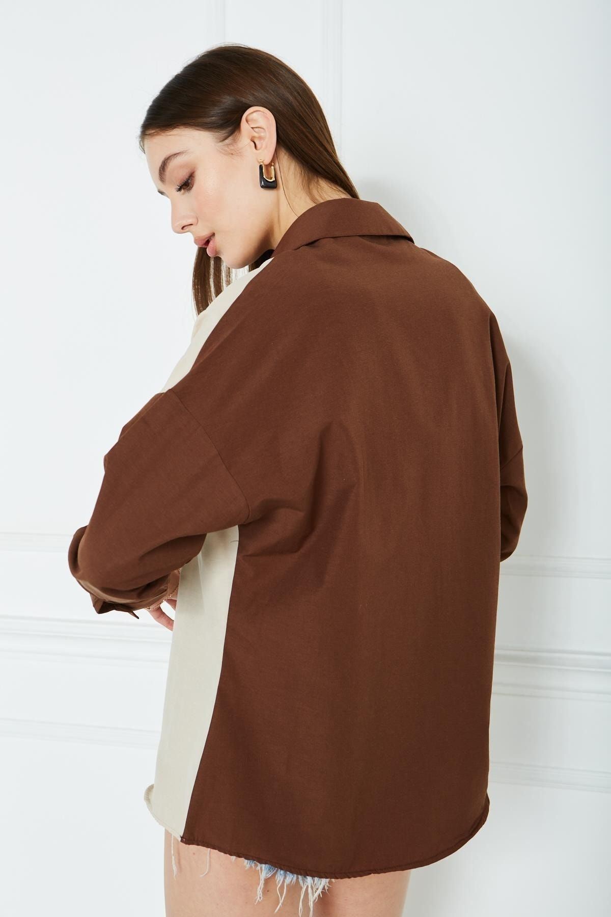 Kadın Blok Renkli Oversize Çift Renk Poplin Gömlek