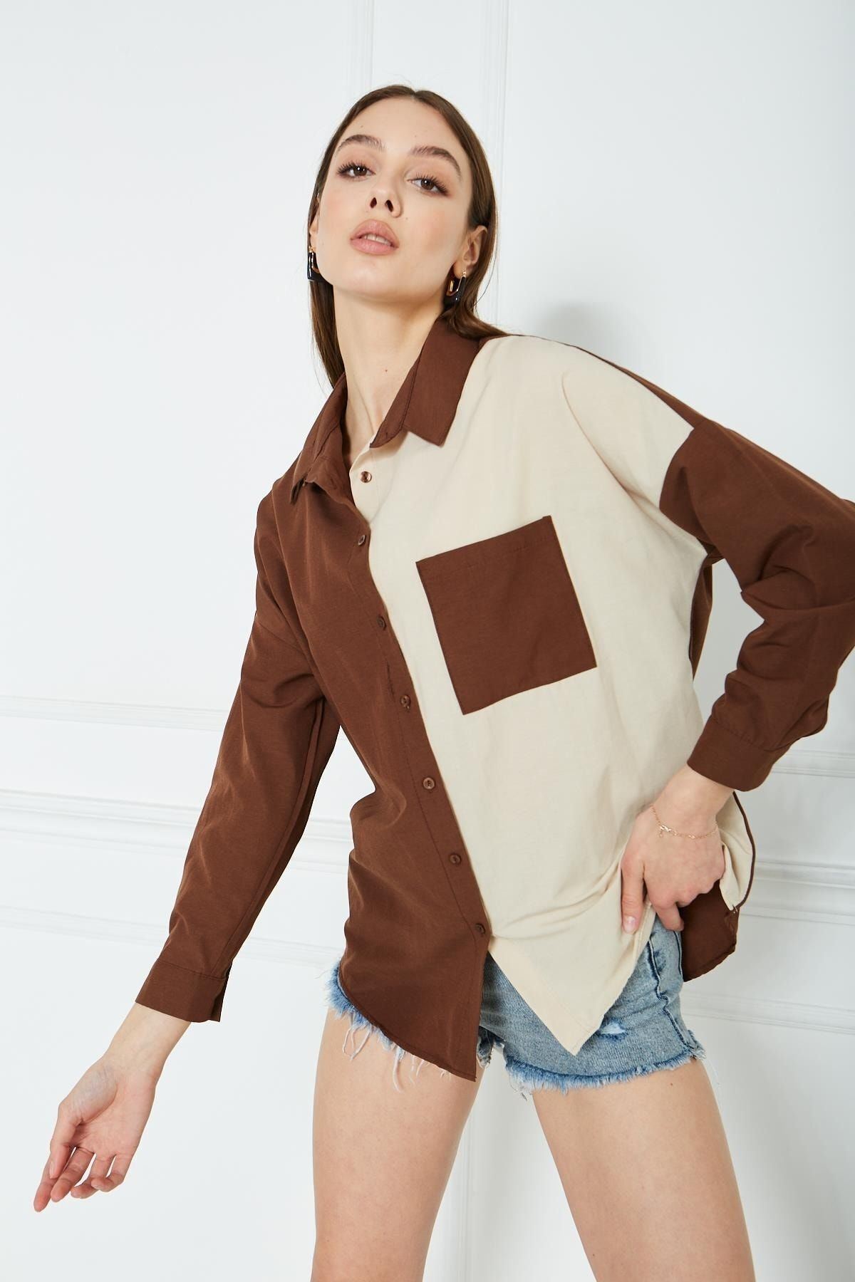 Kadın Blok Renkli Oversize Çift Renk Poplin Gömlek