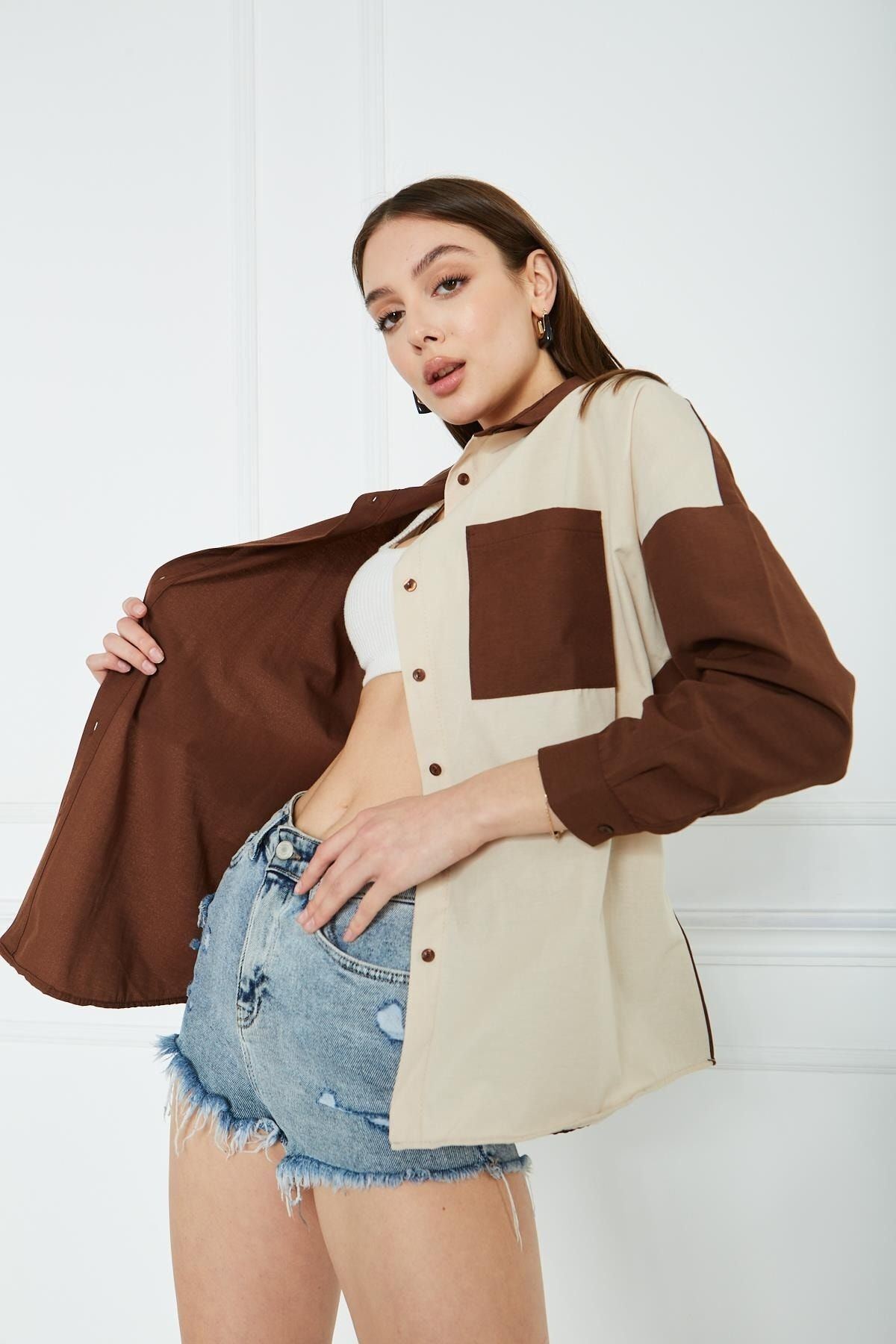 Kadın Blok Renkli Oversize Çift Renk Poplin Gömlek