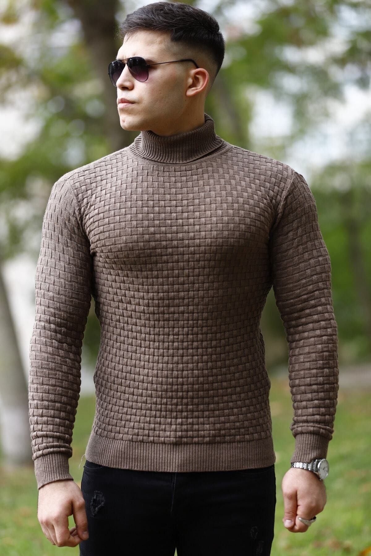 Erkek Kahverengi Boğazlı Triko Kazak