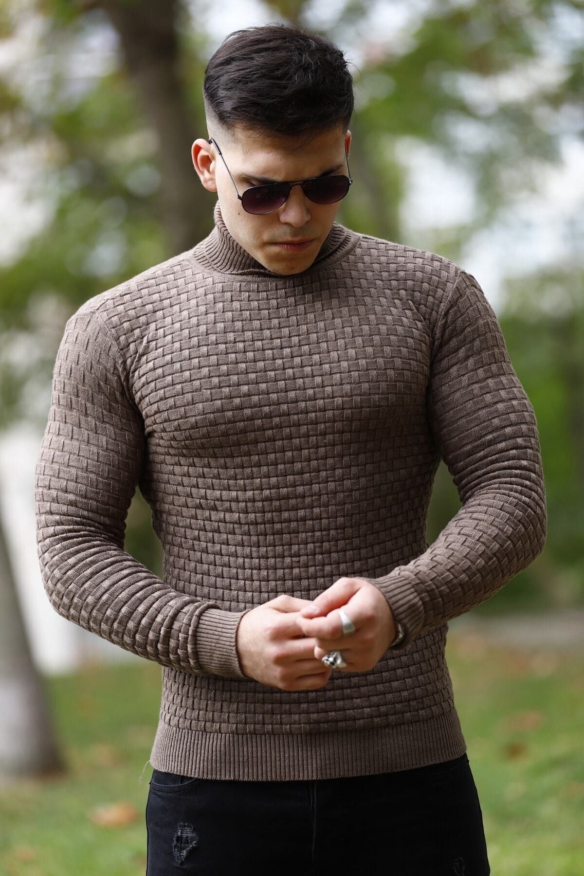 Erkek Kahverengi Boğazlı Triko Kazak