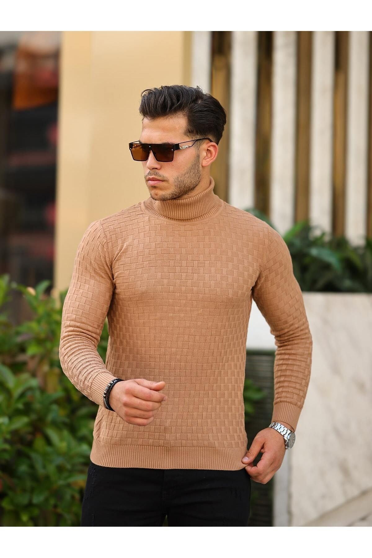 Erkek Desenli Günlük Balıkçı Yaka Vizon Triko Kazak