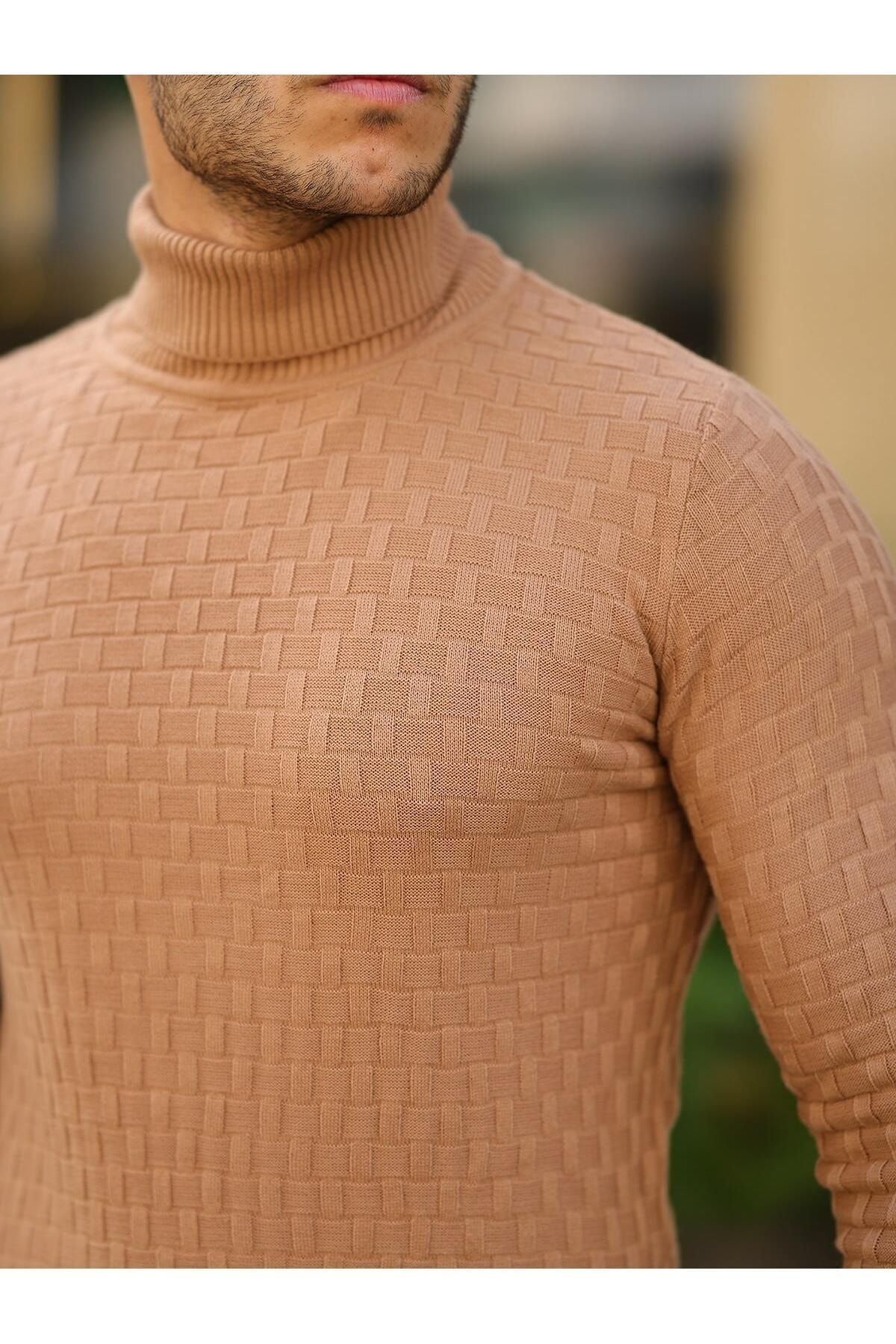 Erkek Desenli Günlük Balıkçı Yaka Vizon Triko Kazak