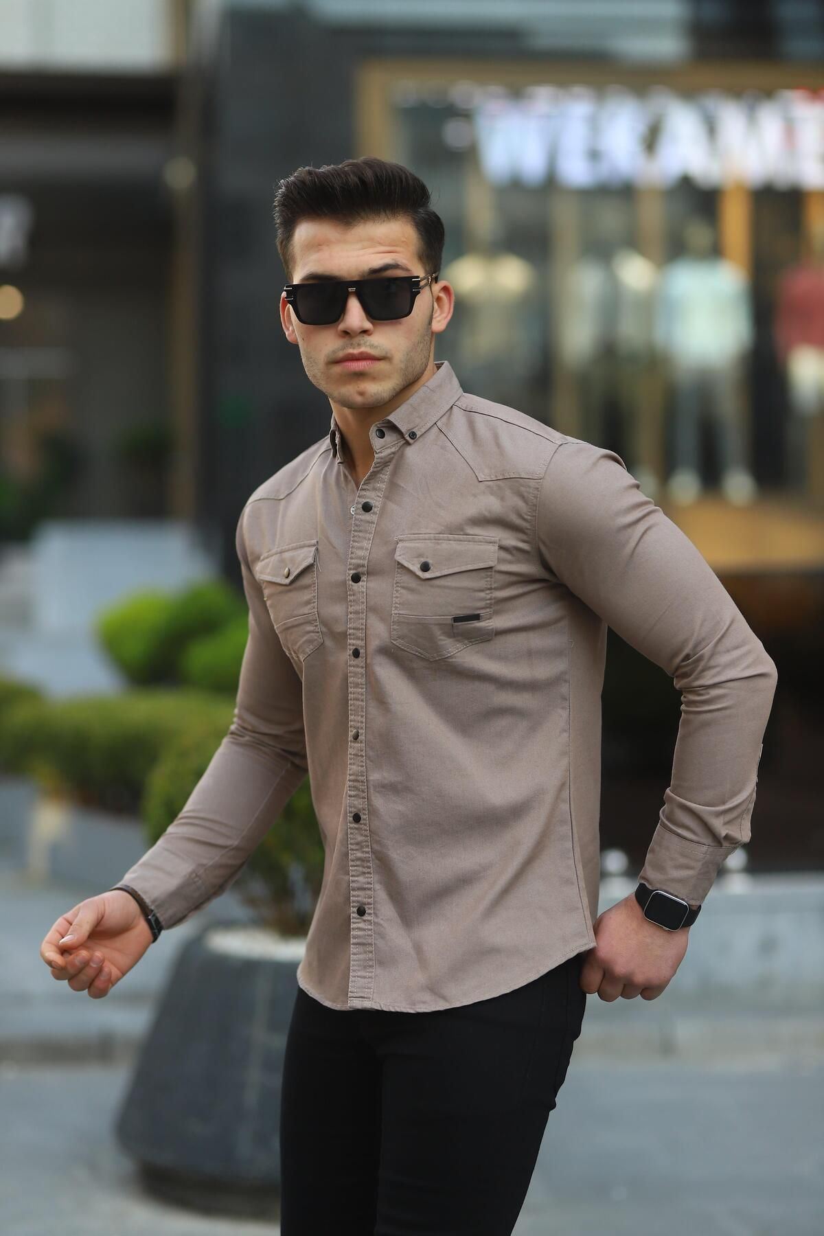 Erkek Slim Fit Çift Cepli Kot Gömlek