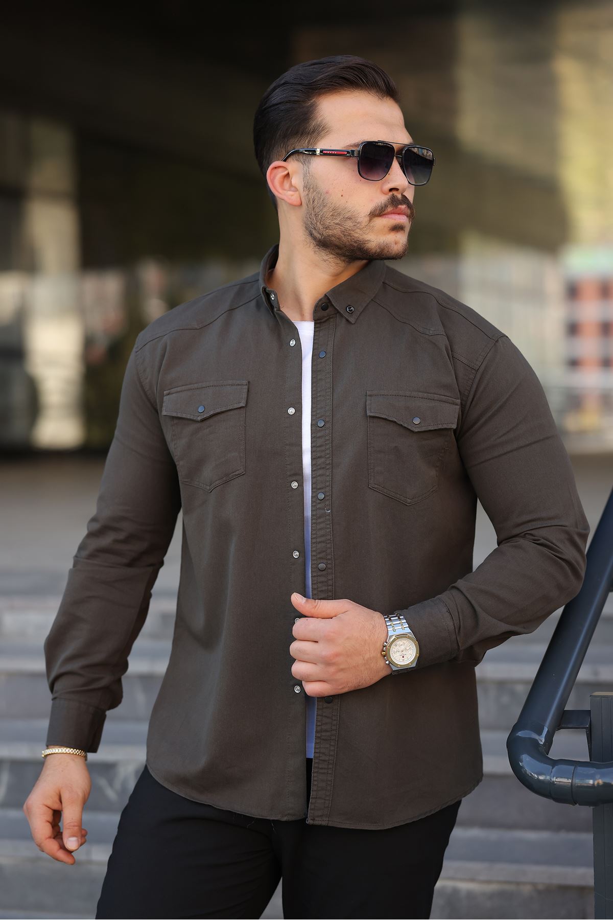 Erkek Slim Fit Cepli Basic Uzun Kol Kahve Kot Gömlek