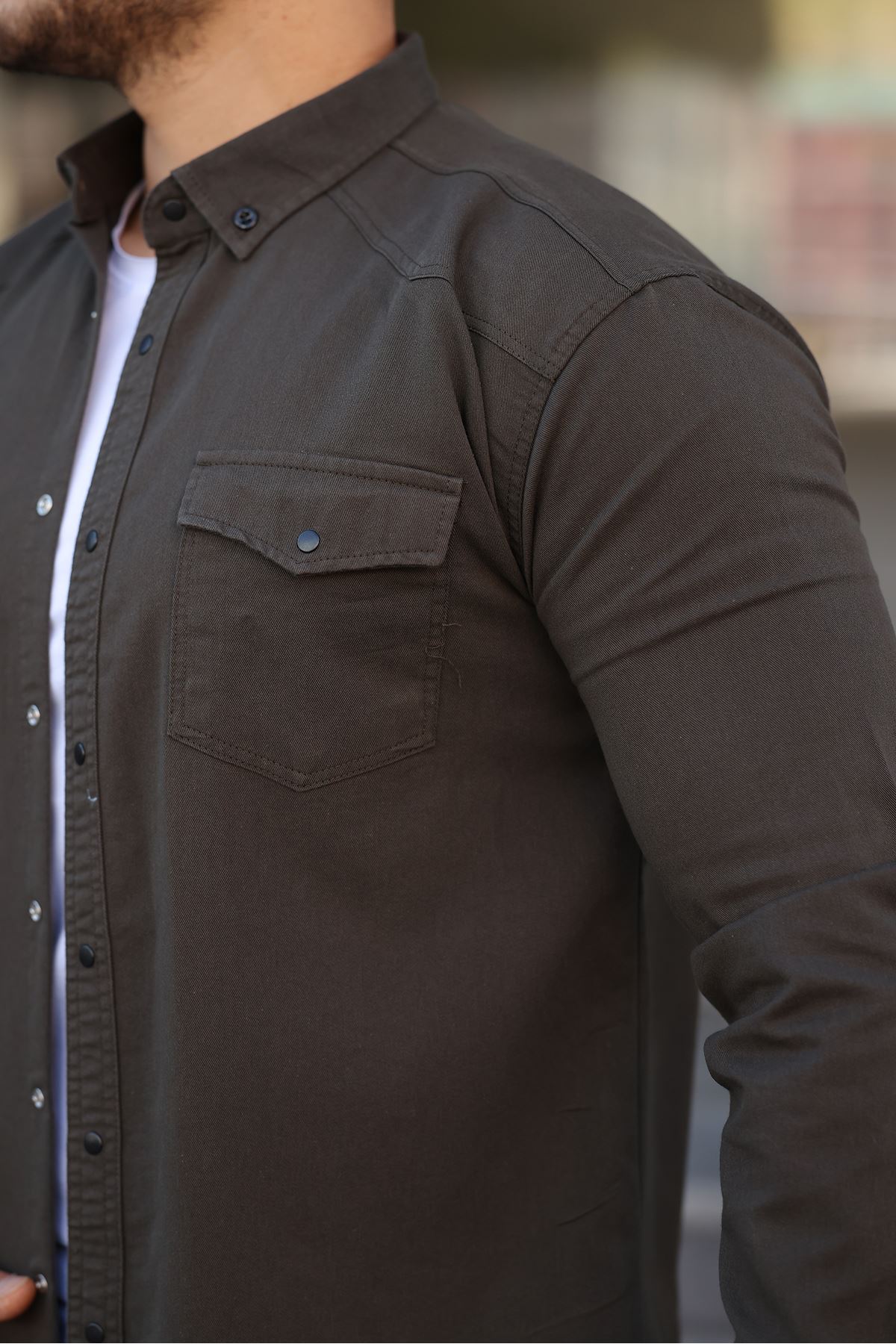 Erkek Slim Fit Cepli Basic Uzun Kol Kahve Kot Gömlek
