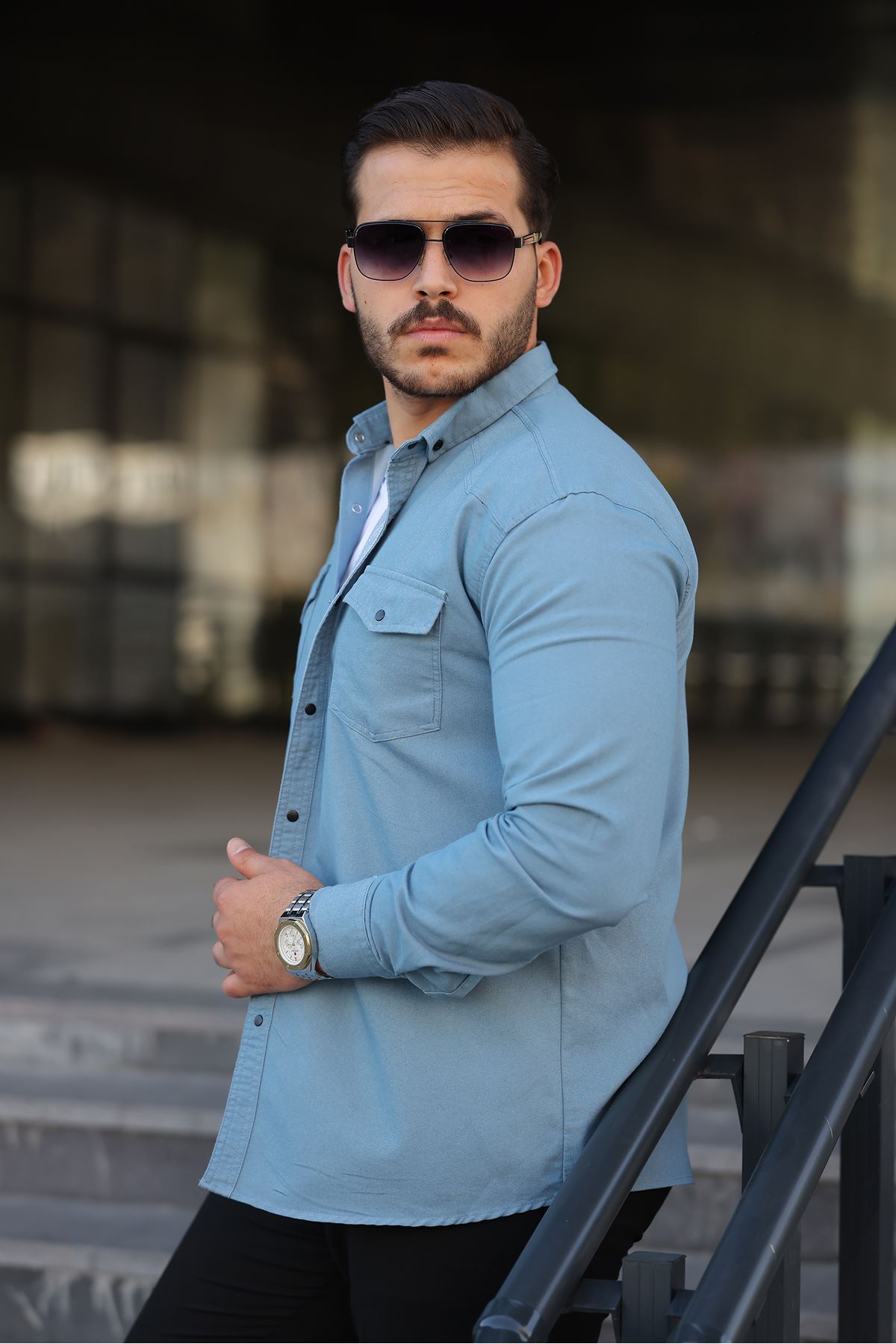 Erkek Slim Fit Cepli Basic Uzun Kol AMavi Kot Gömlek