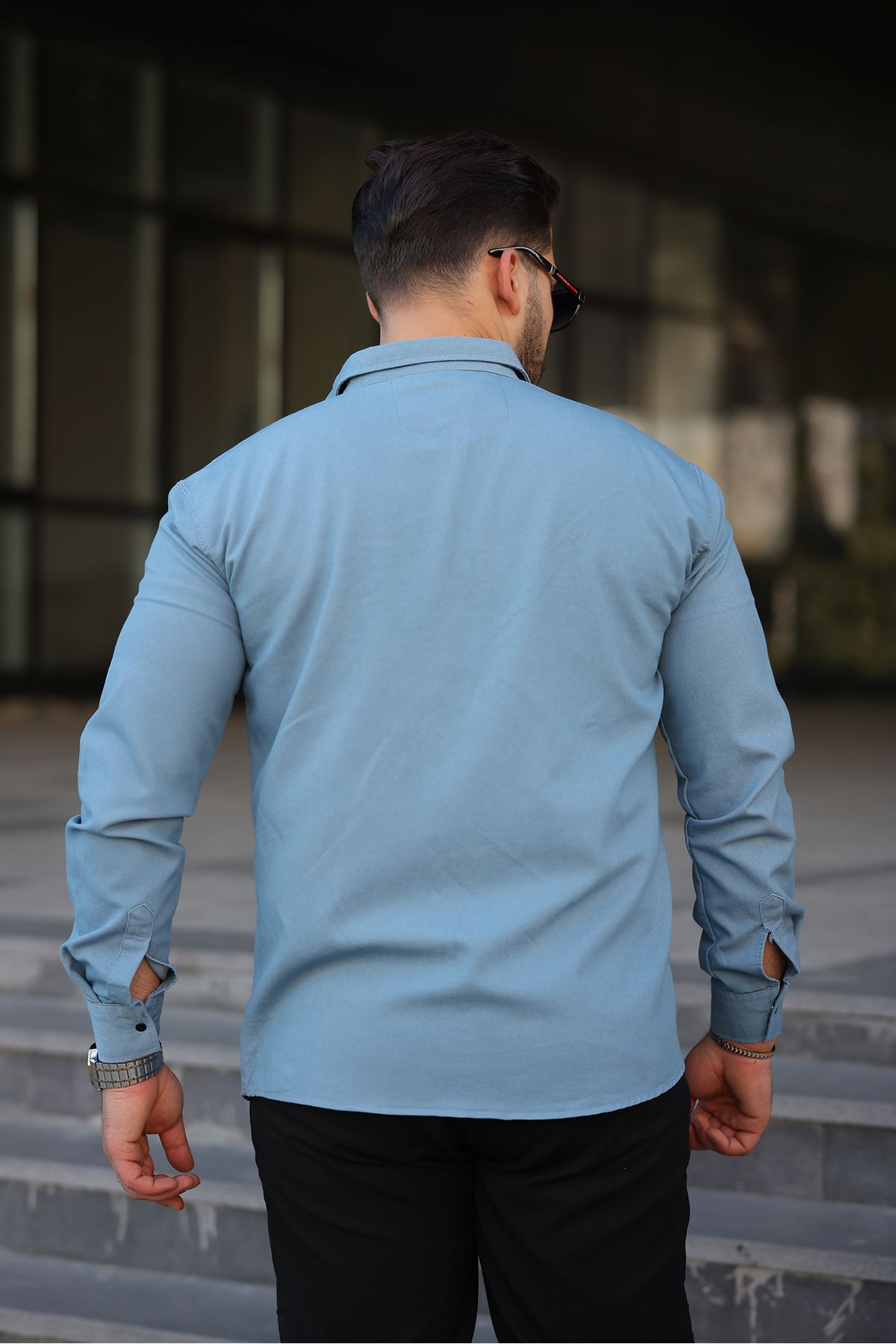 Erkek Slim Fit Cepli Basic Uzun Kol AMavi Kot Gömlek