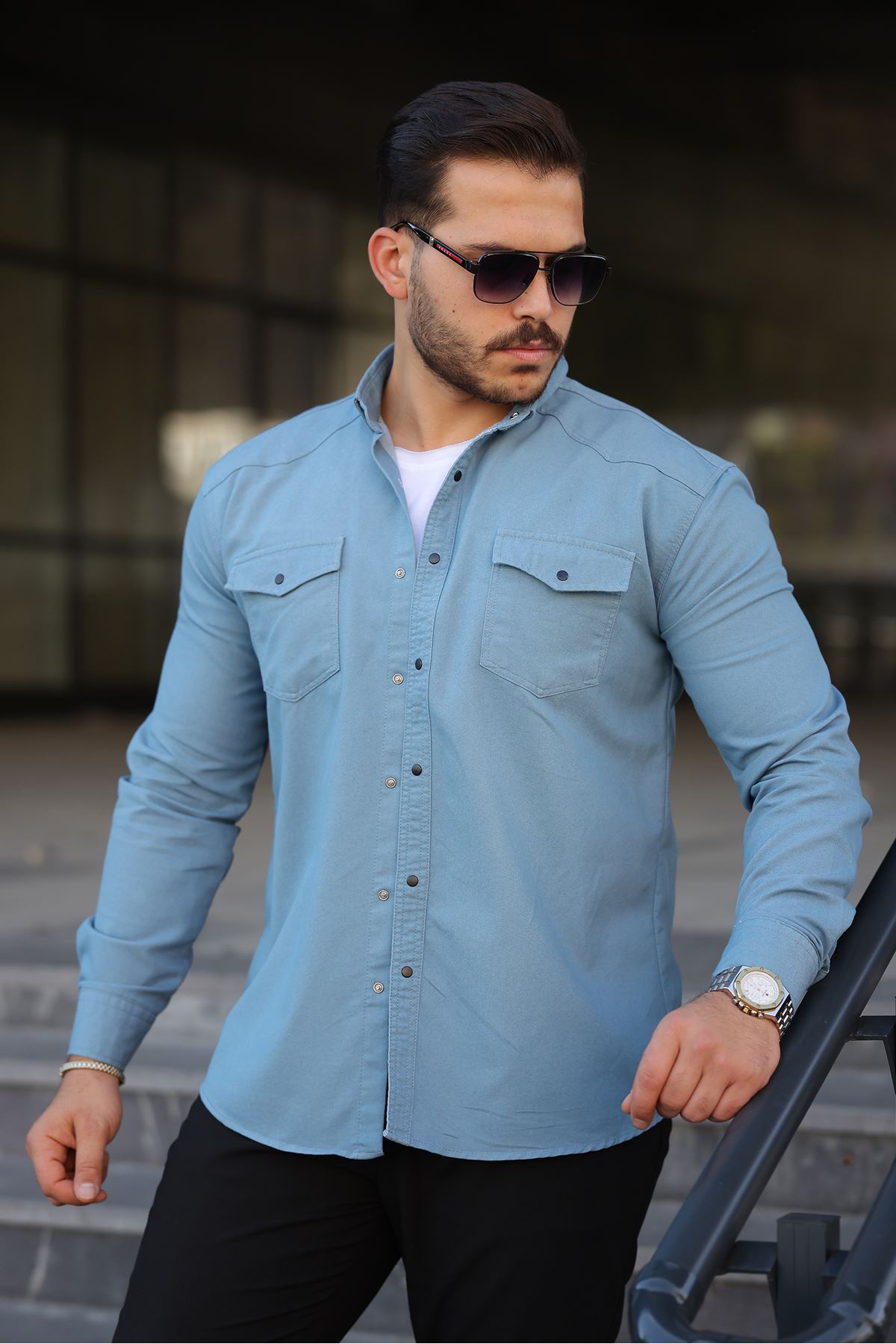 Erkek Slim Fit Cepli Basic Uzun Kol AMavi Kot Gömlek