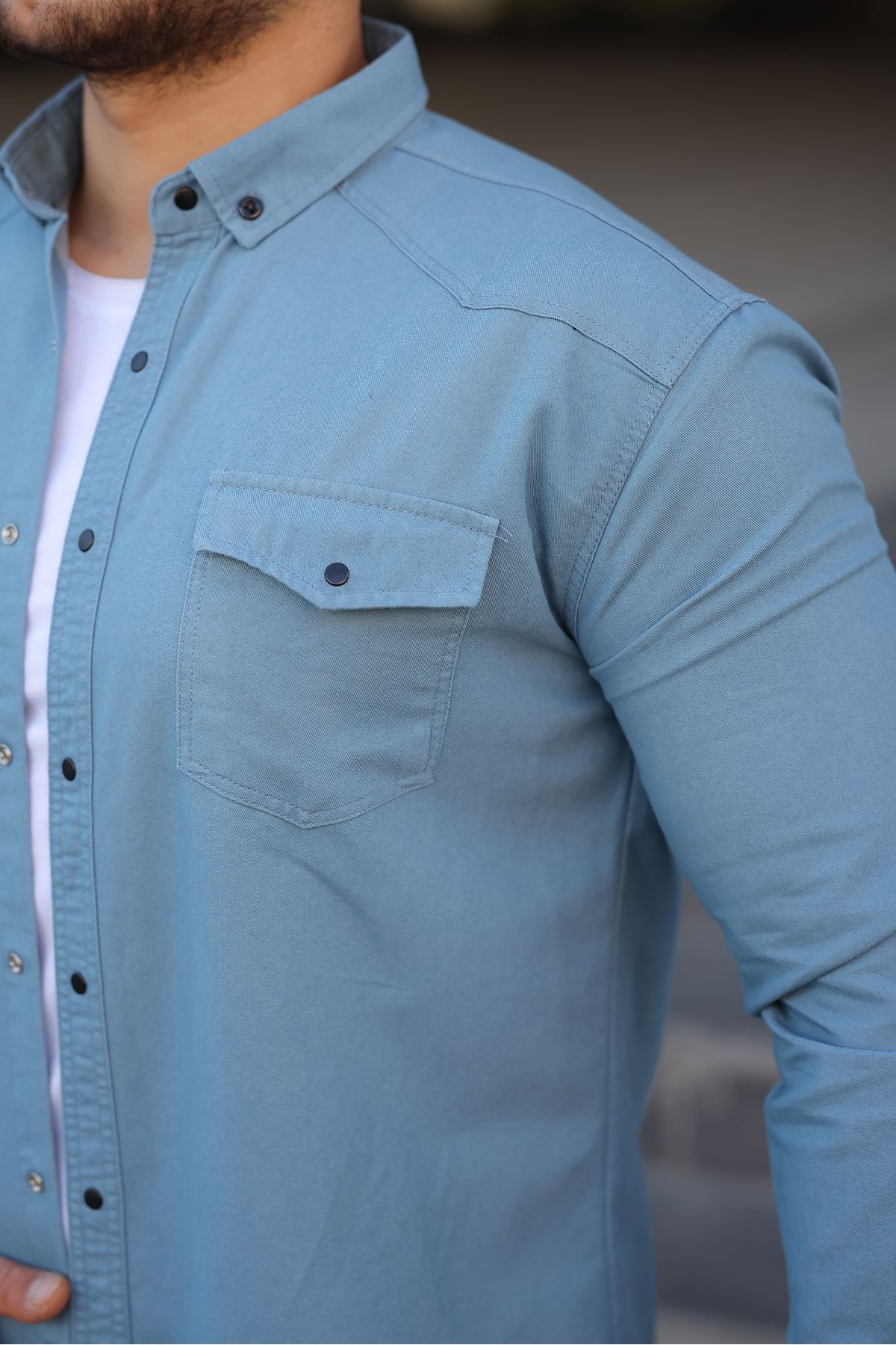 Erkek Slim Fit Cepli Basic Uzun Kol AMavi Kot Gömlek