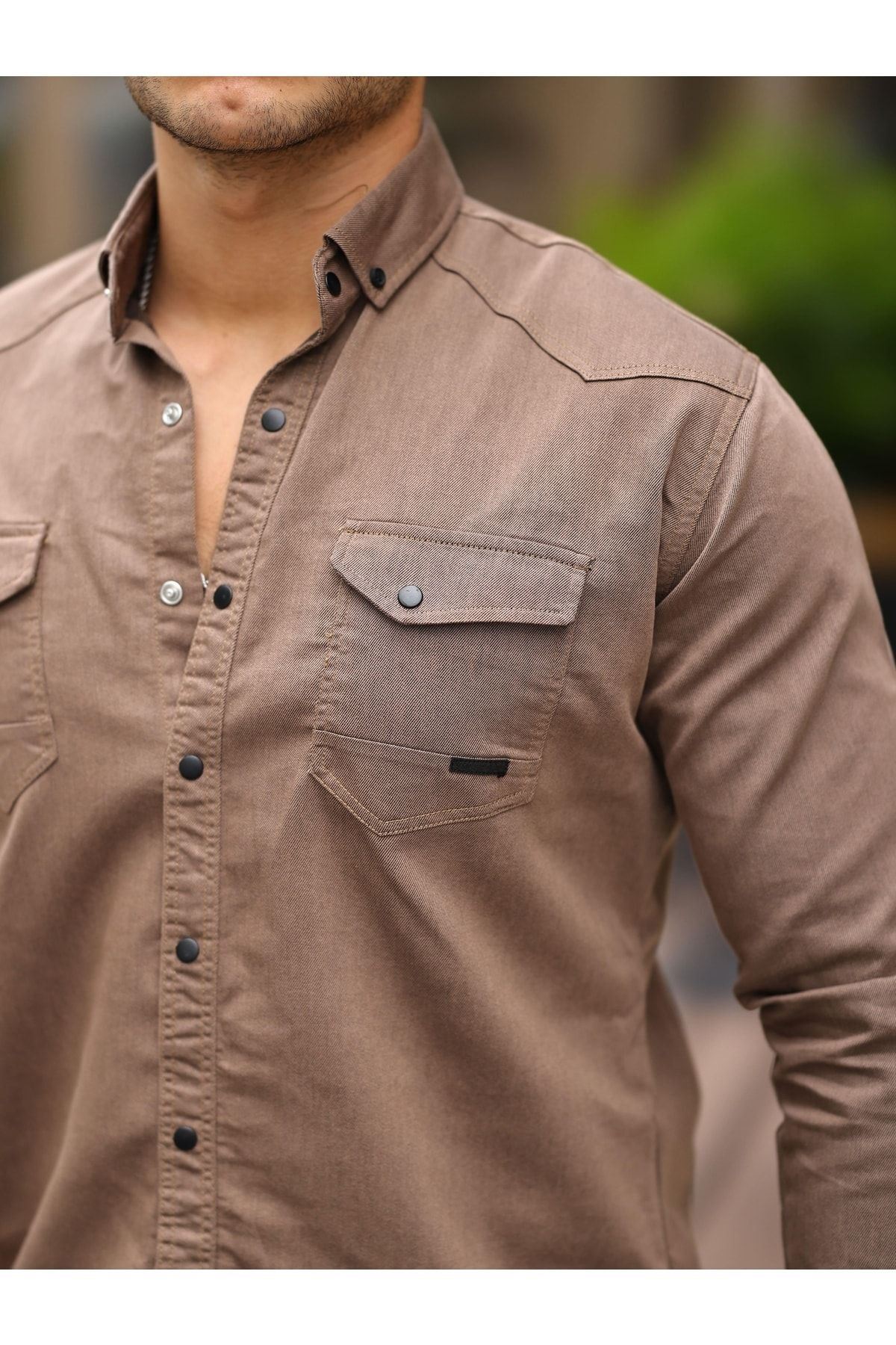 Erkek Slim Fit Cepli Basic Uzun Kol Camel Kot Gömlek