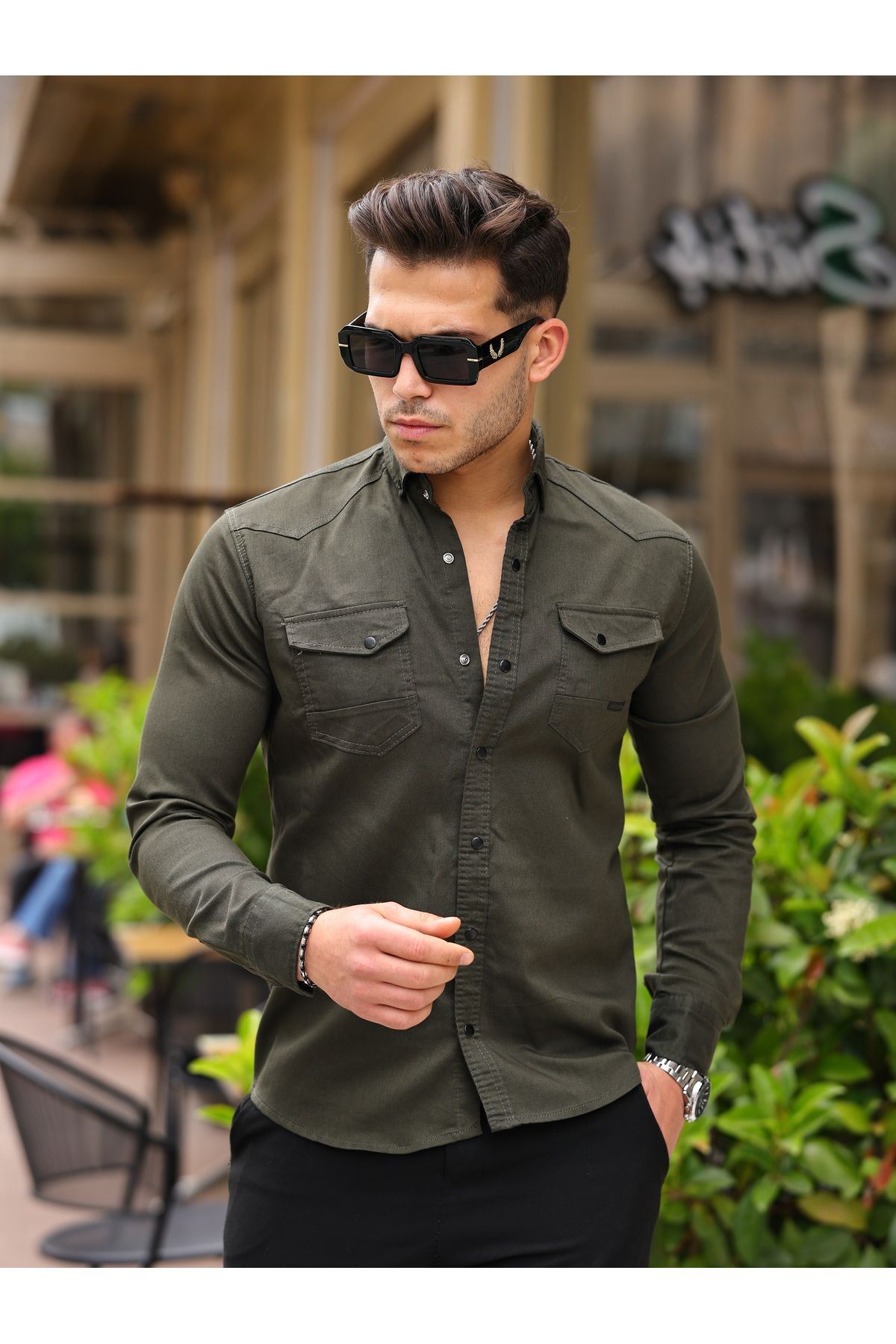 Erkek Slim Fit Cepli Basic Uzun Kol Haki Kot Gömlek