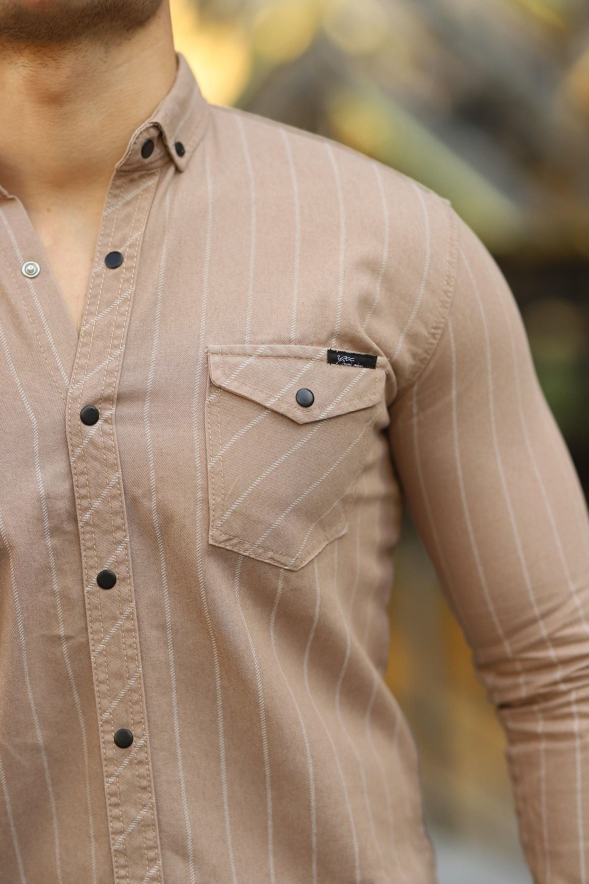 Erkek Slim Fit Çizgili Kot Gömlek