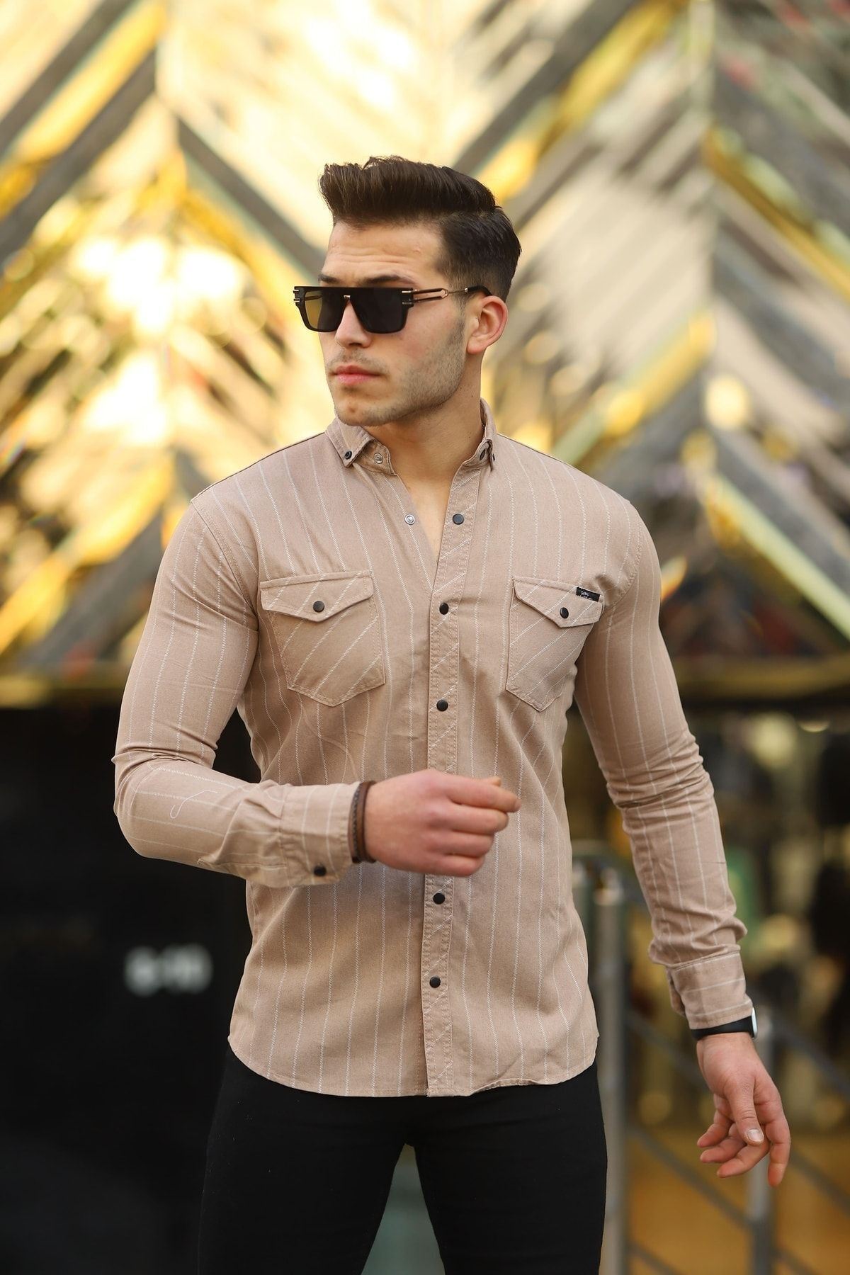 Erkek Slim Fit Çizgili Kot Gömlek