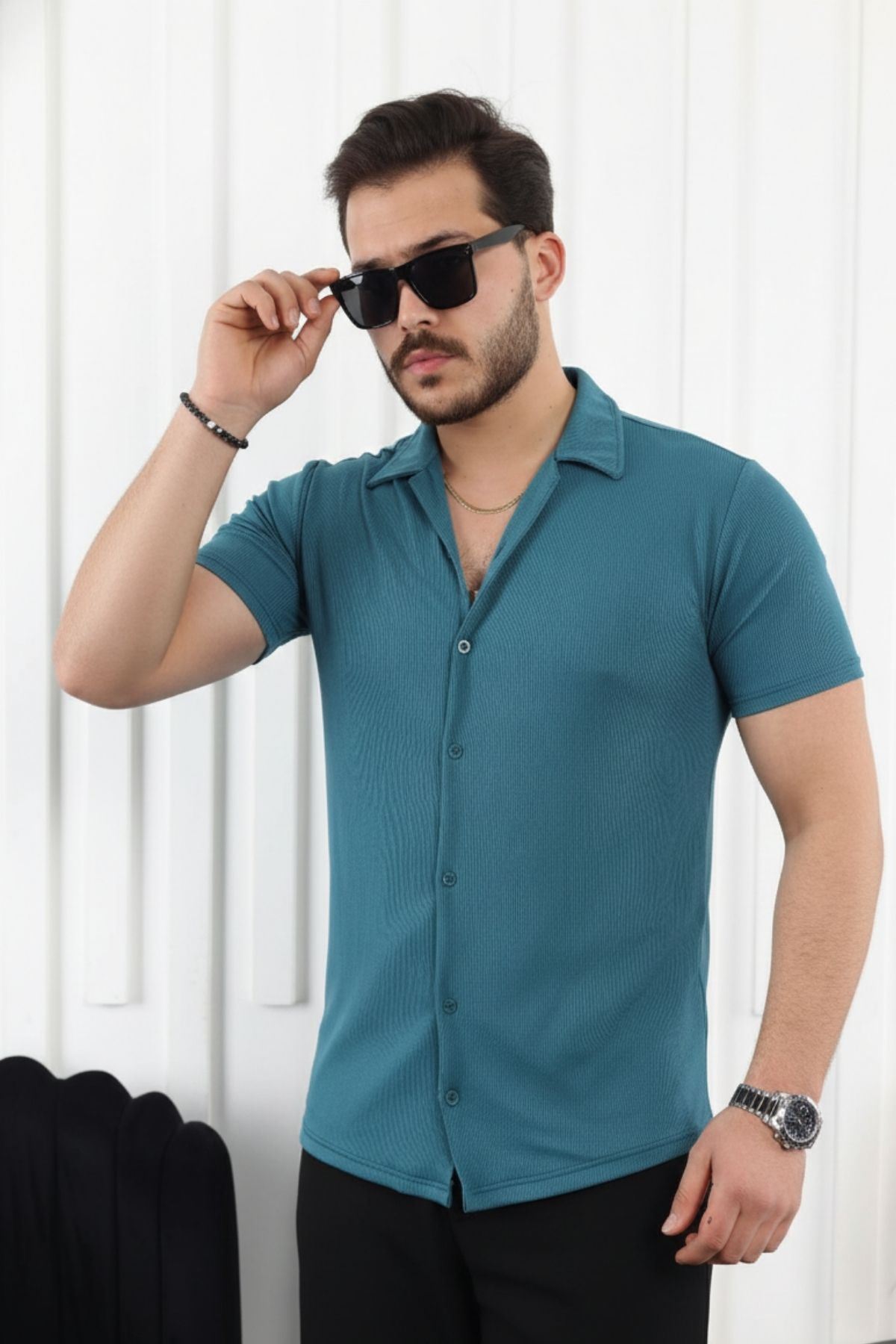 Erkek Yazlık Likralı Slim Fit Gömlek Yaka Kısa Kollu Gömlek