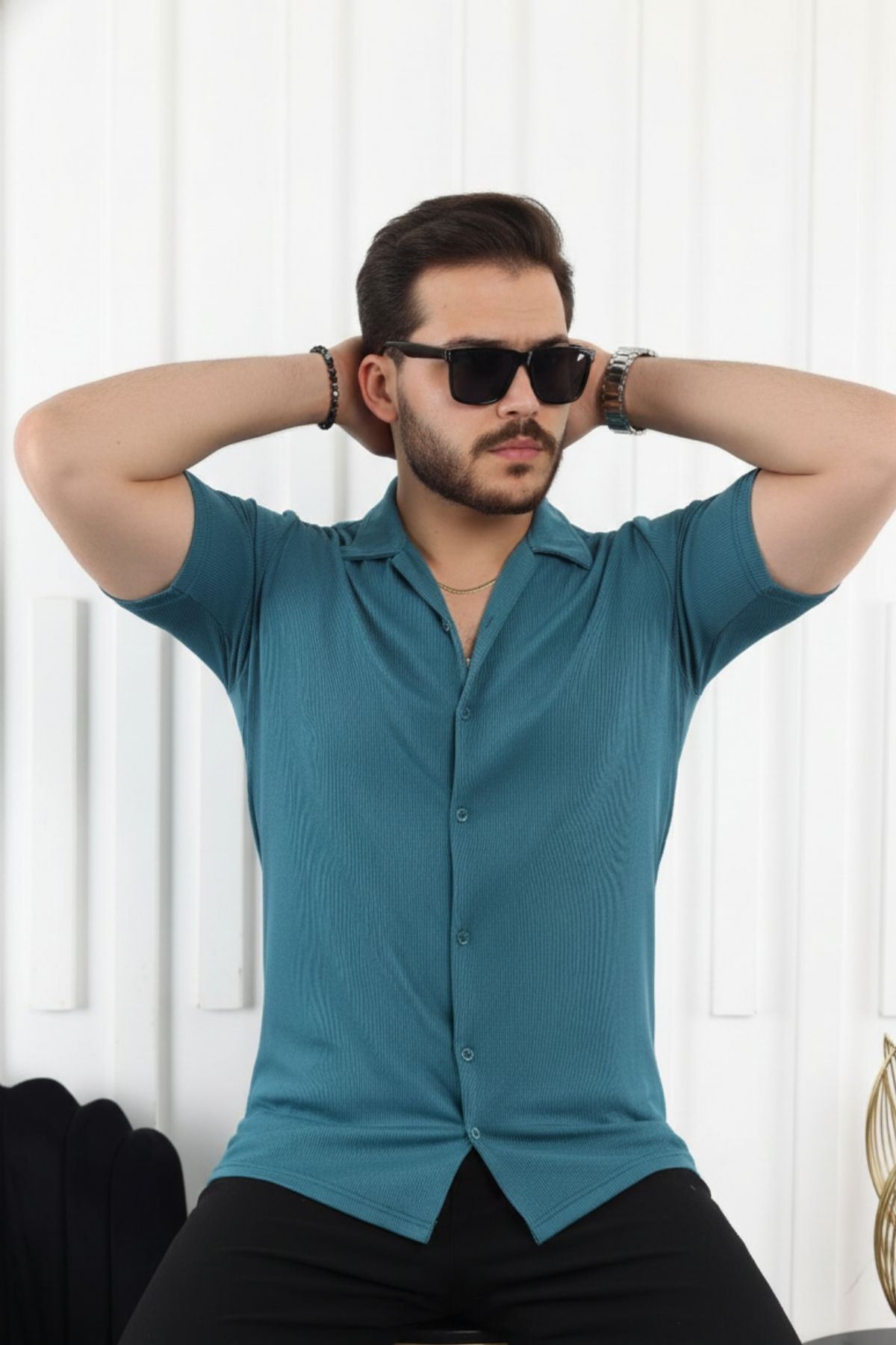 Erkek Yazlık Likralı Slim Fit Gömlek Yaka Kısa Kollu Gömlek
