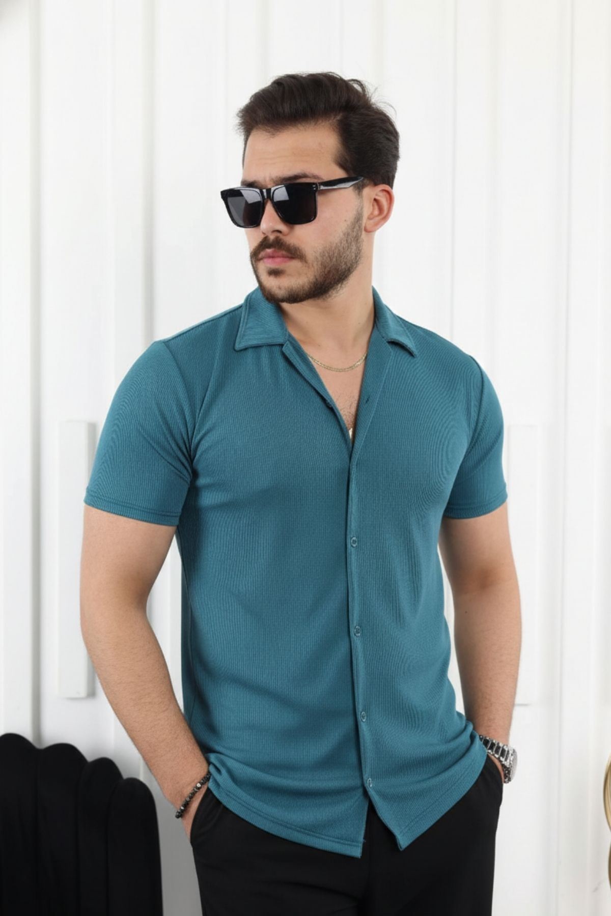 Erkek Yazlık Likralı Slim Fit Gömlek Yaka Kısa Kollu Gömlek