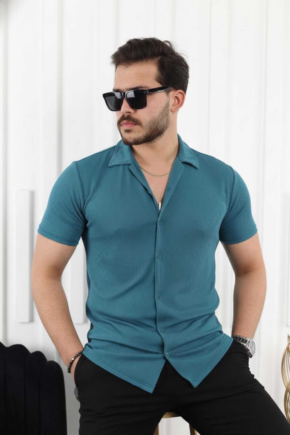 Erkek Yazlık Likralı Slim Fit Gömlek Yaka Kısa Kollu Gömlek