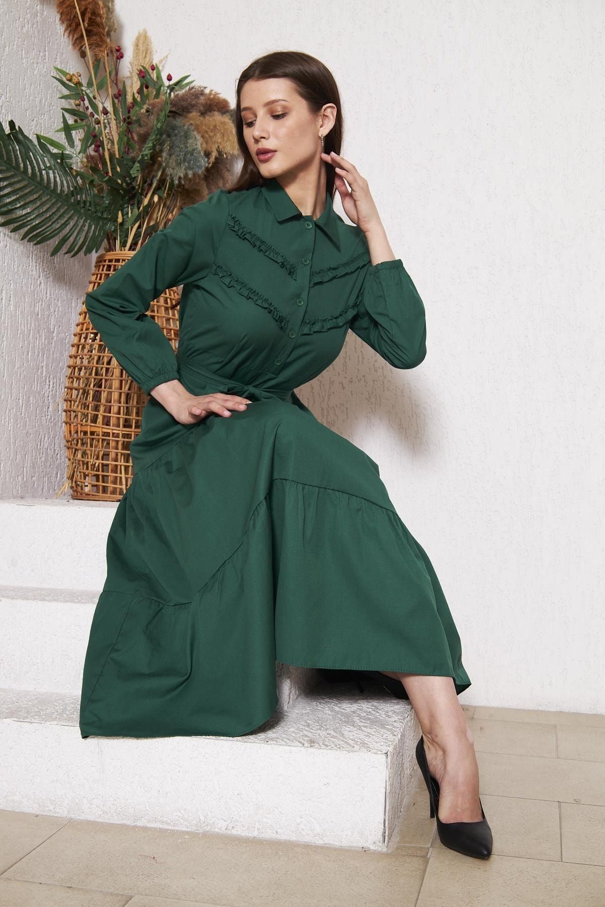 Kadın Katlı Pilise Detaylı Gömlek Yaka Elbise