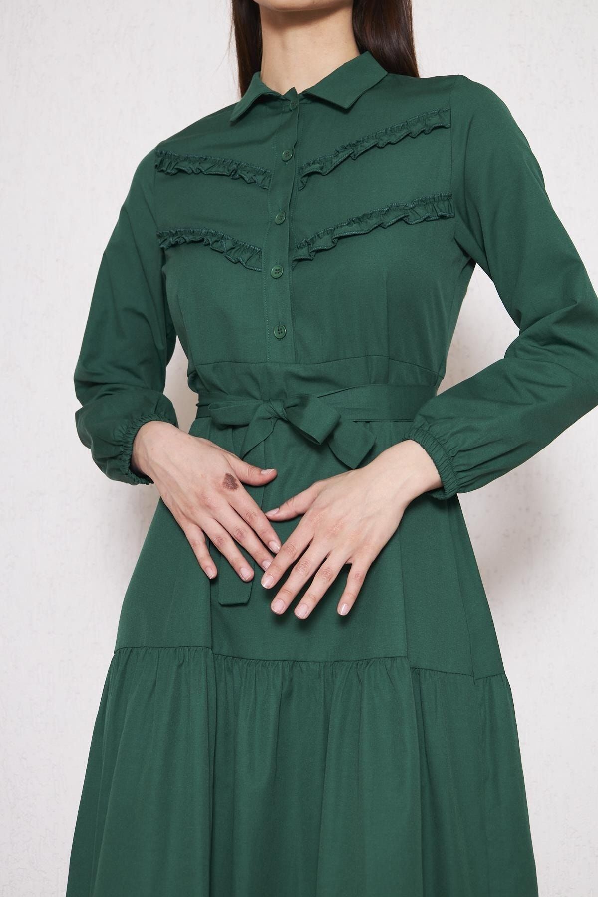 Kadın Katlı Pilise Detaylı Gömlek Yaka Elbise