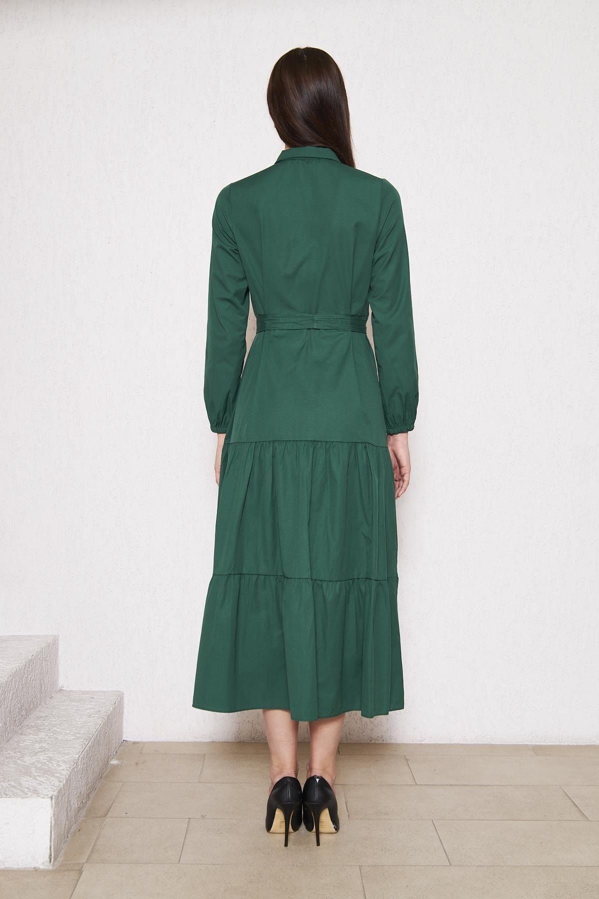 Kadın Katlı Pilise Detaylı Gömlek Yaka Elbise