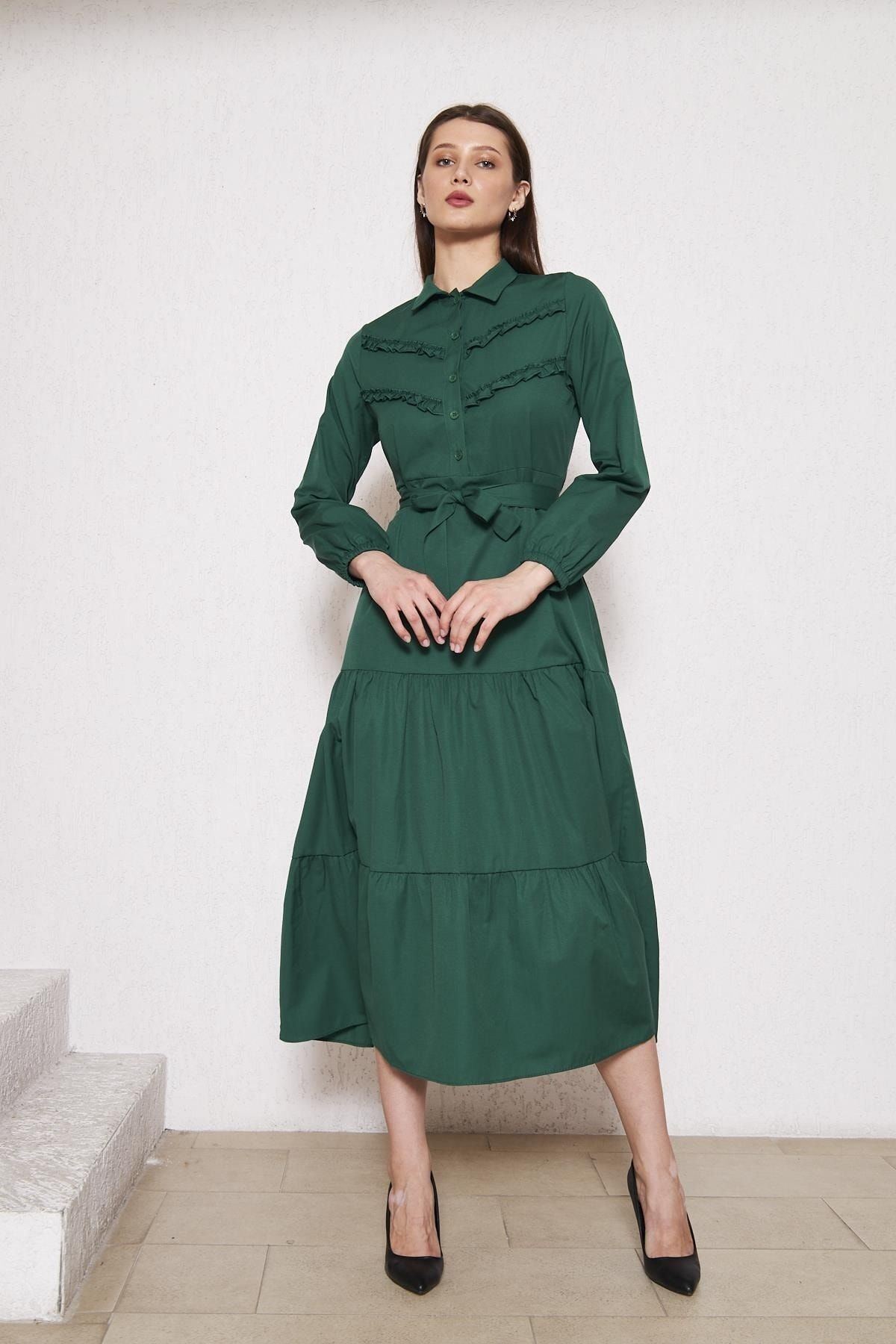 Kadın Katlı Pilise Detaylı Gömlek Yaka Elbise