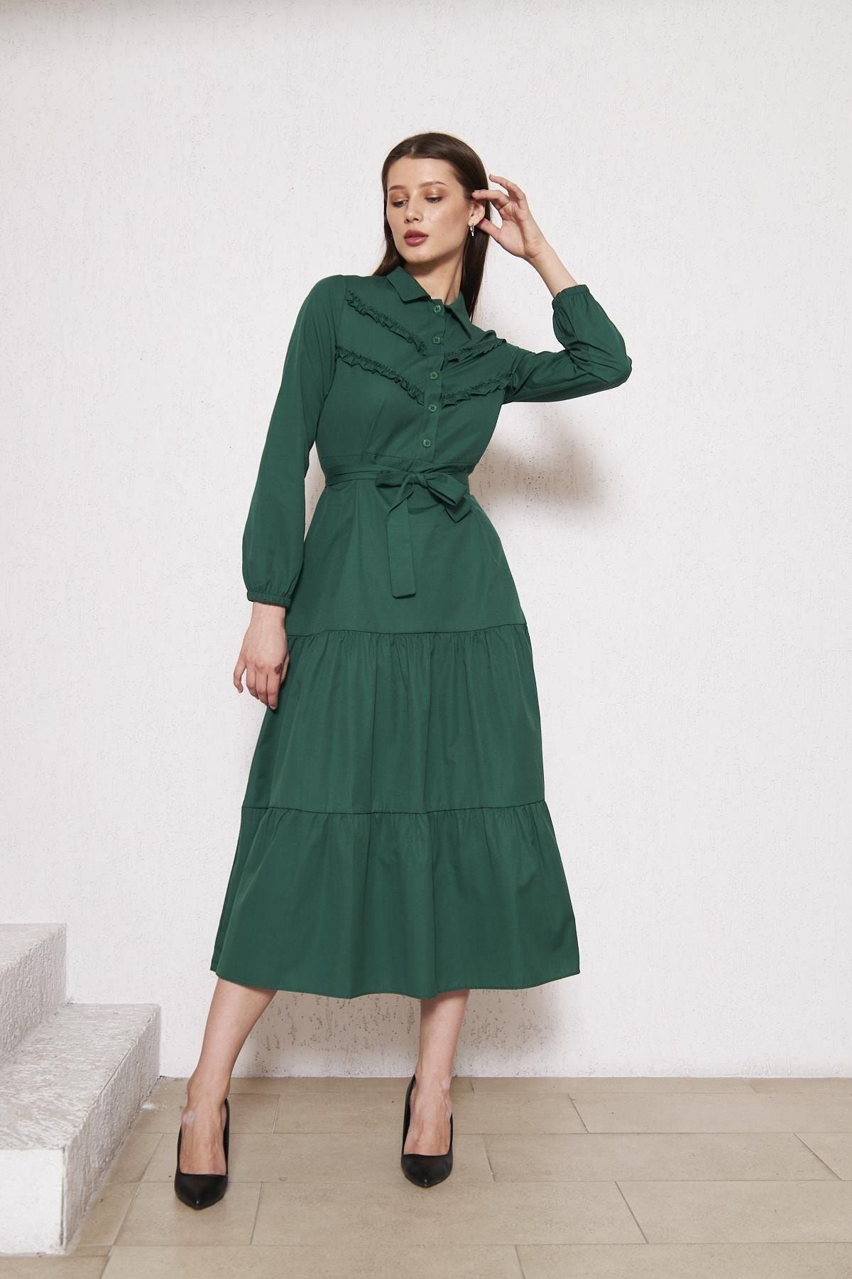 Kadın Katlı Pilise Detaylı Gömlek Yaka Elbise