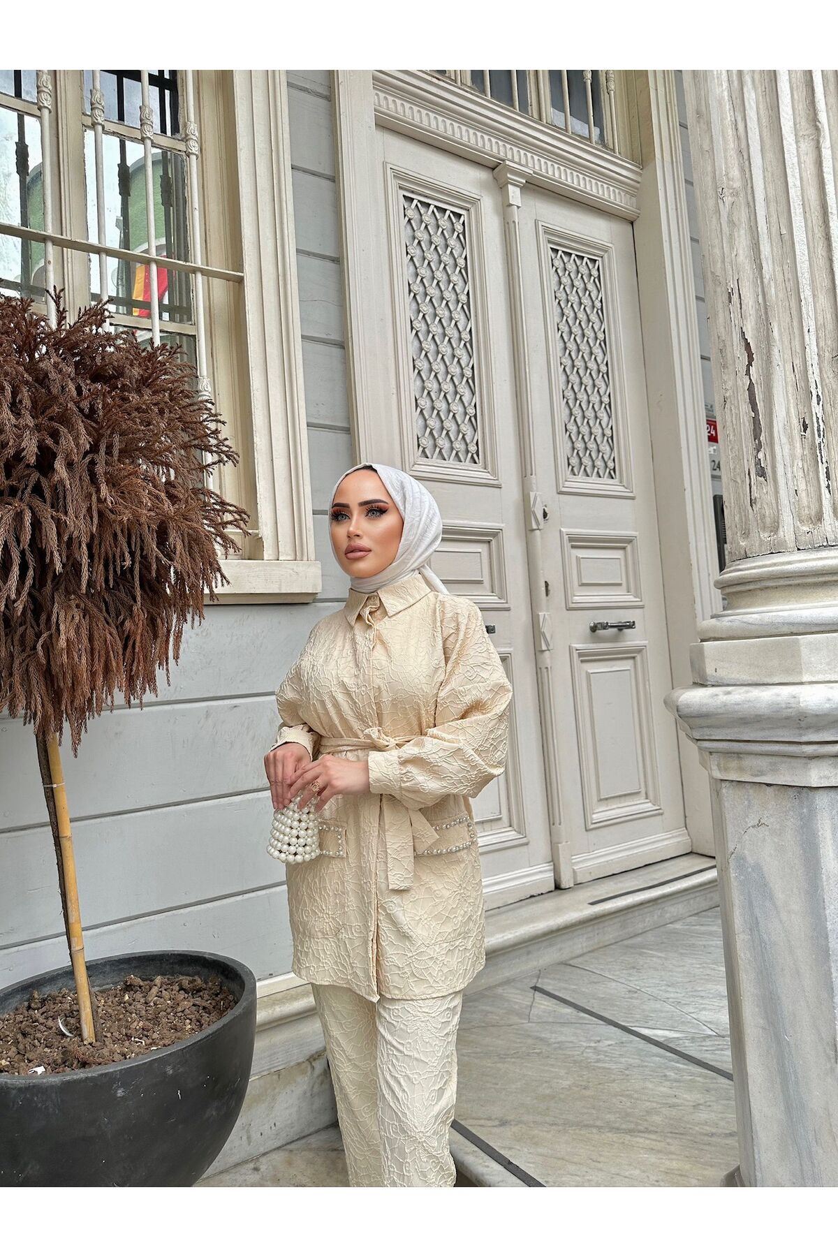 Kadın Jakarlı Bel Kuşaklı Cep Taşlı Alt Üst Takım