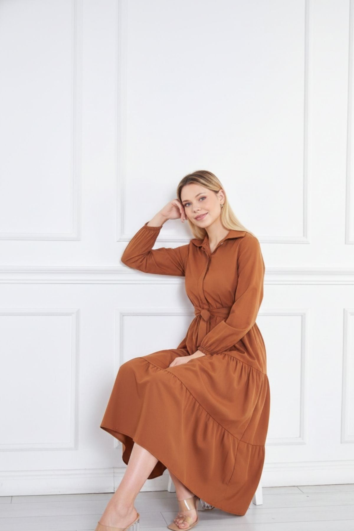 Kadın Katlı Gömlek Yaka Elbise