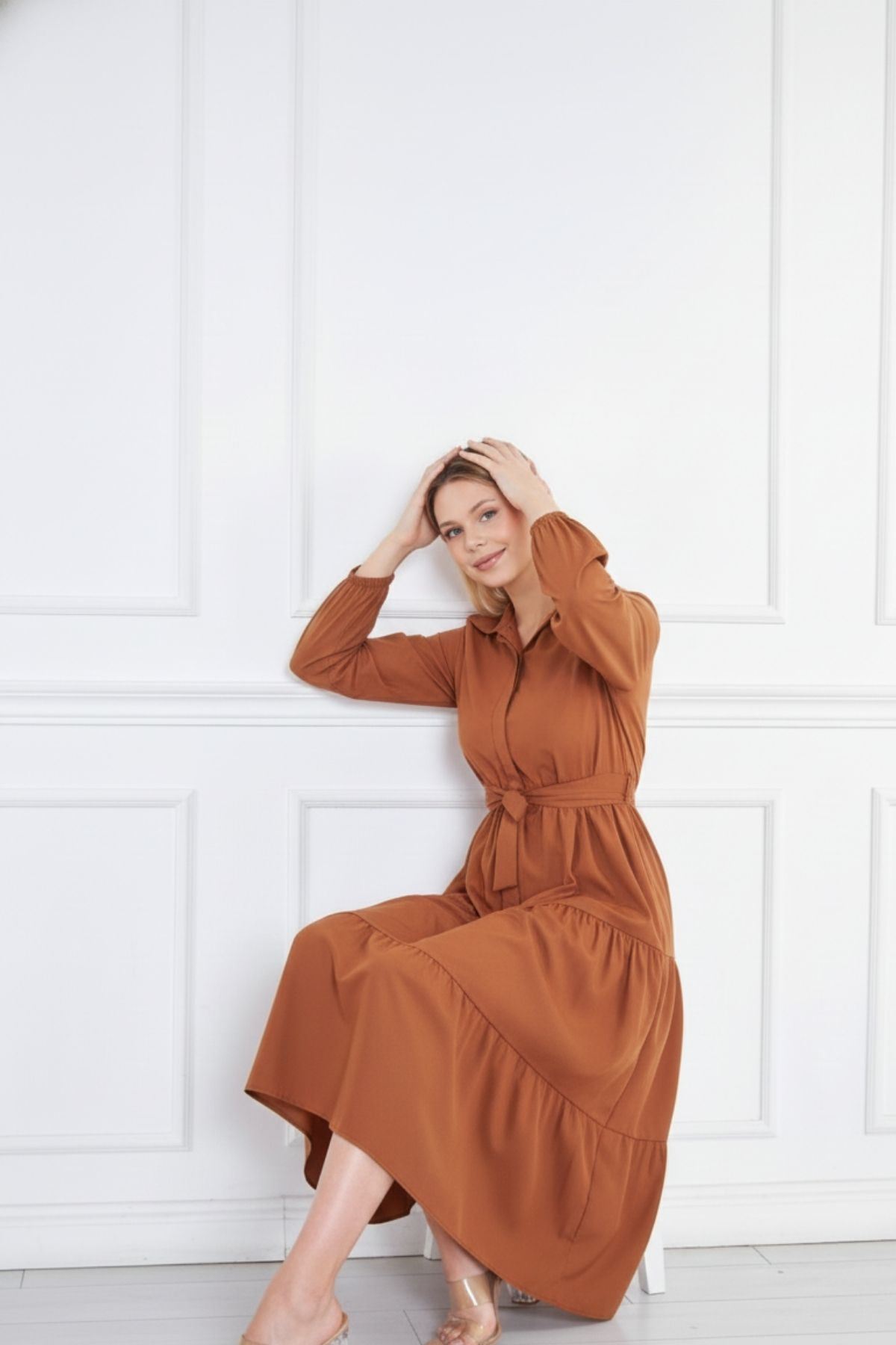 Kadın Katlı Gömlek Yaka Elbise