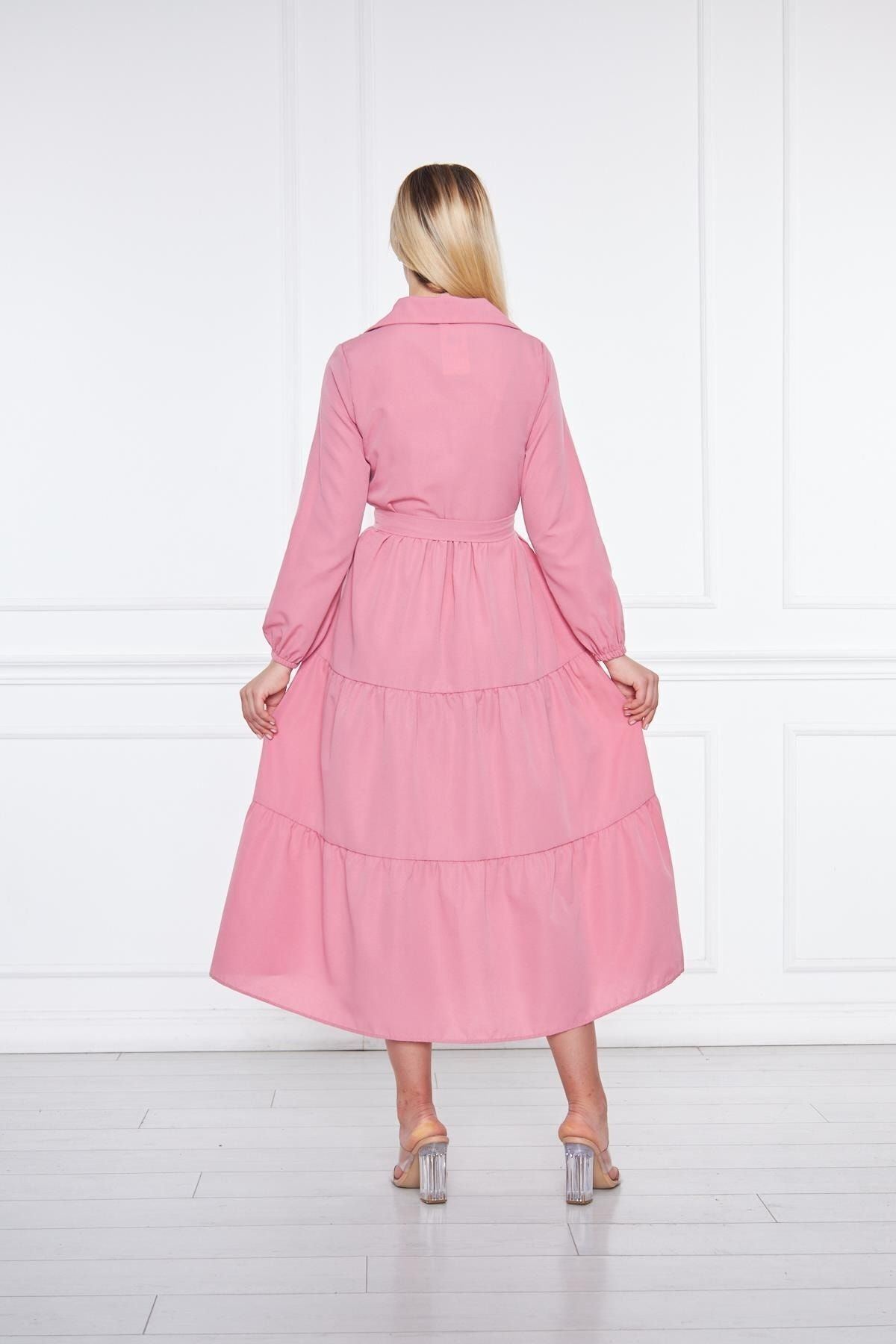 Kadın Katlı Gömlek Yaka Elbise