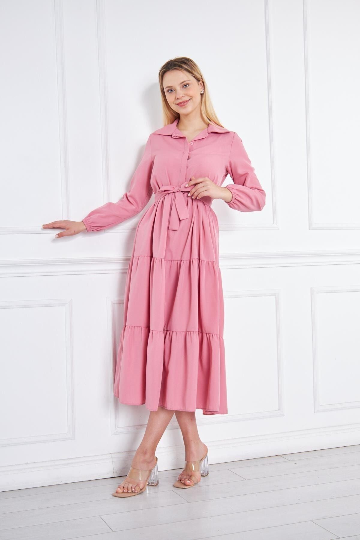 Kadın Katlı Gömlek Yaka Elbise